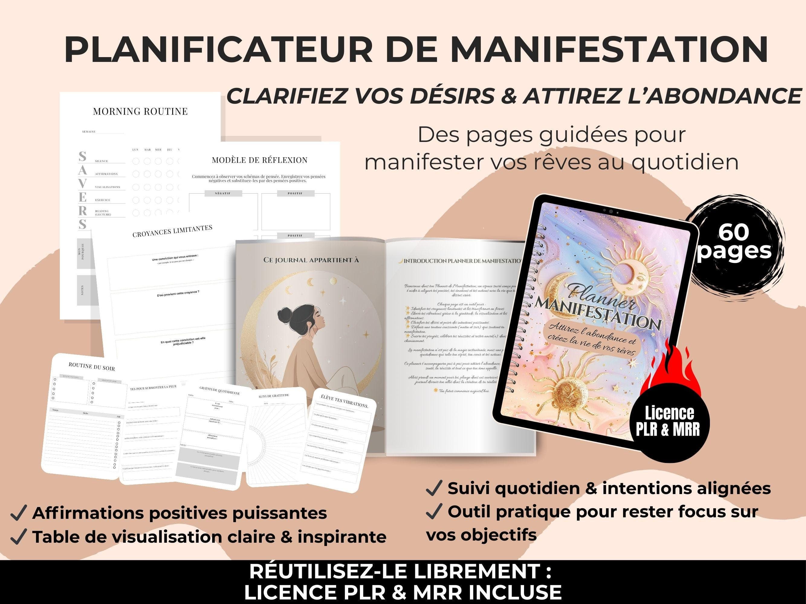 Planner manifestation en français – affirmations positives, intentions, table de visualisation et suivi quotidien – pack PLR