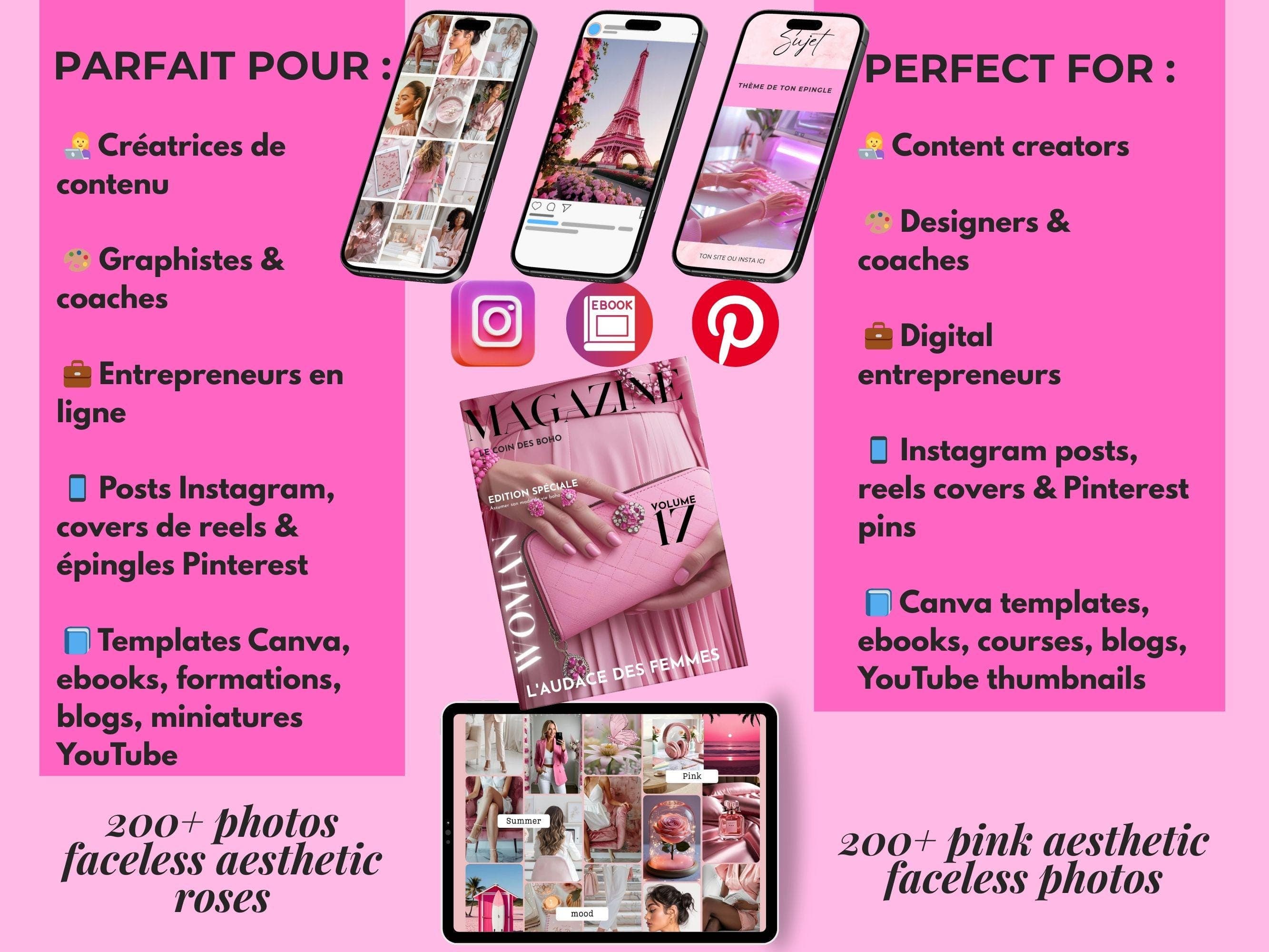 Pack de 200 photos faceless roses esthétiques, idéales pour créer du contenu Instagram, covers de réels et visuels Pinterest.