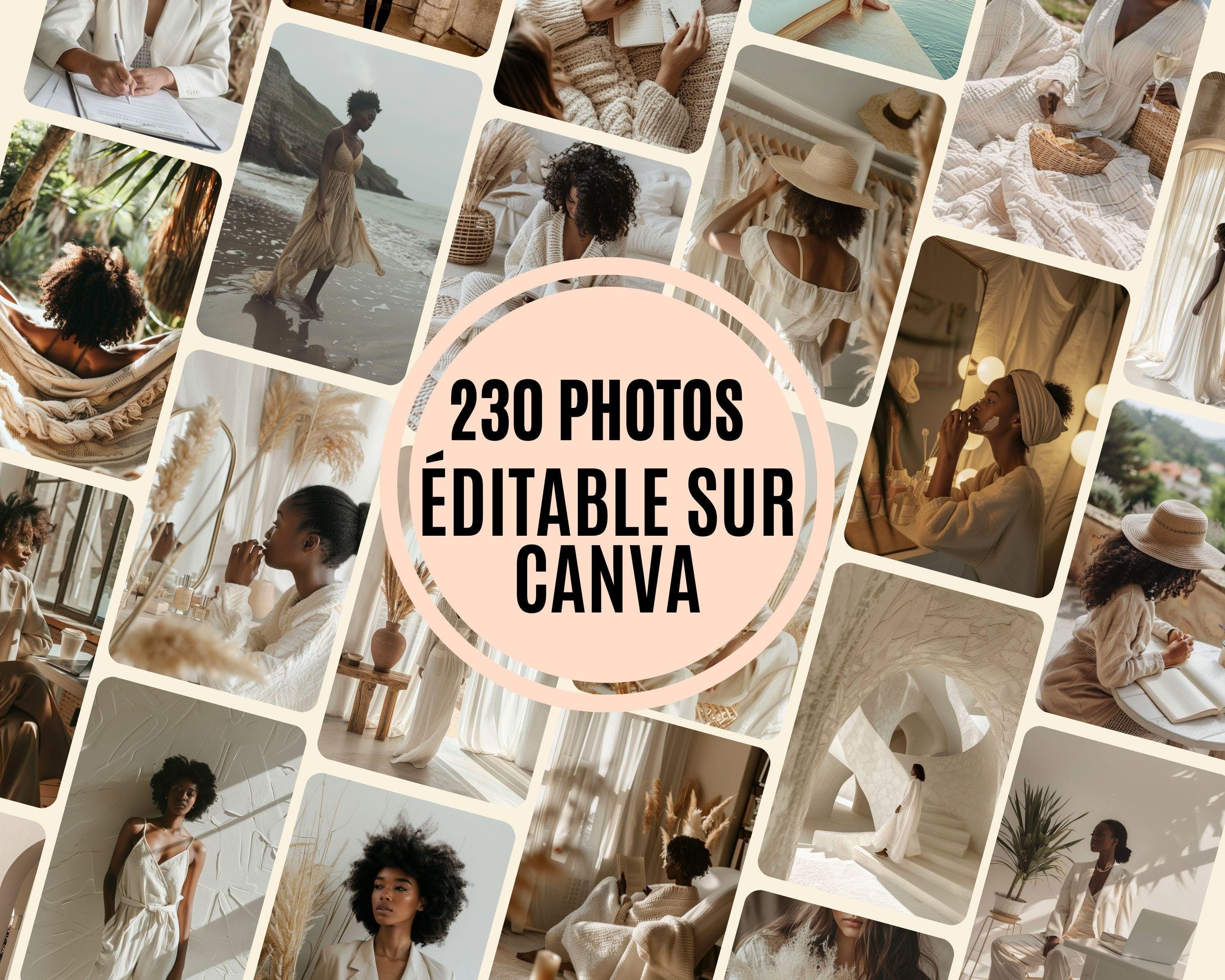 Aperçu des 200 images stock faceless en style minimaliste beige boho. Idéal pour ebooks, Pinterest, templates Canva, branding esthétique.