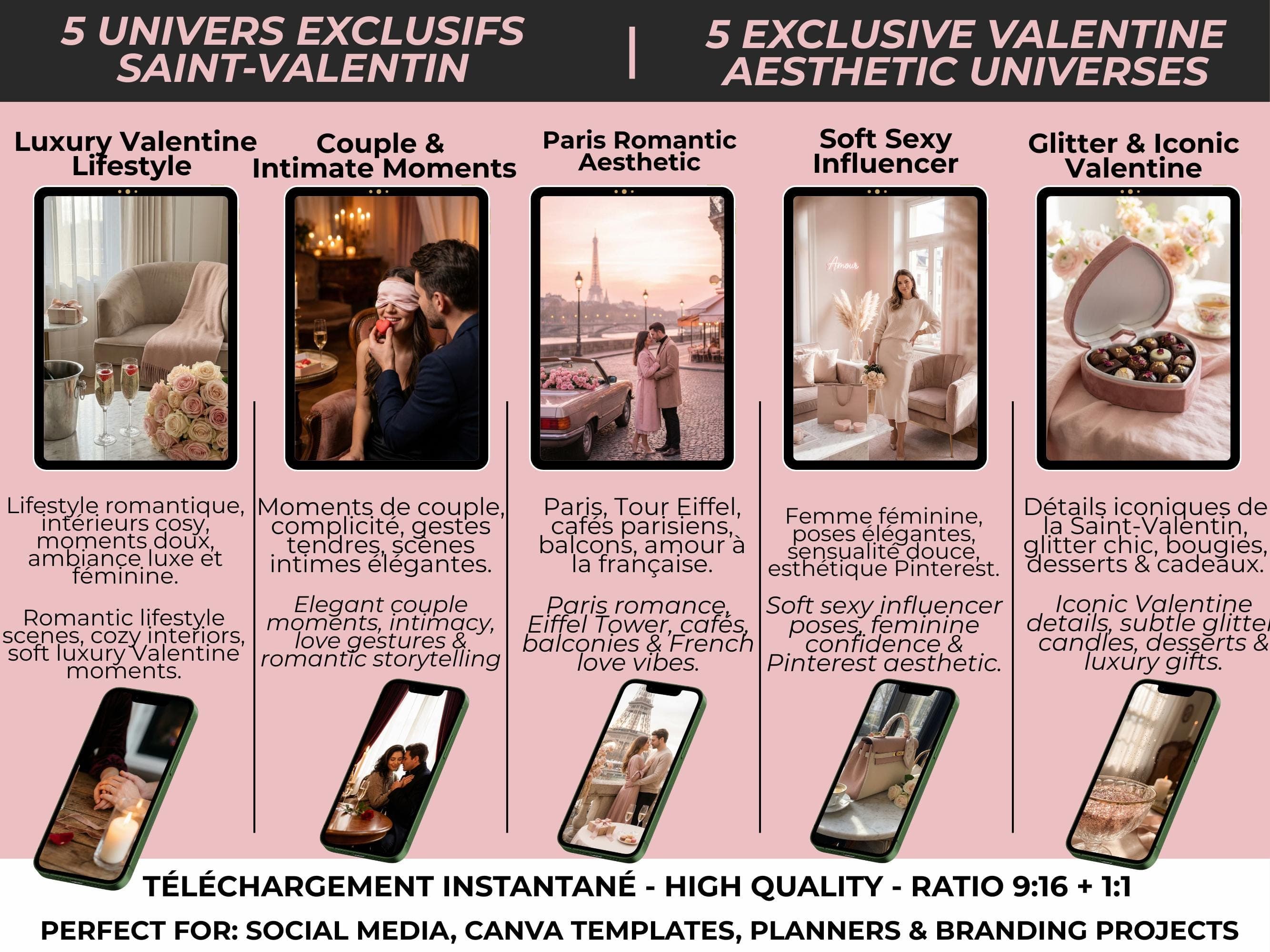 Valentine Instagram aesthetic photos showing lifestyle, couple, Paris, influencer and romantic universes