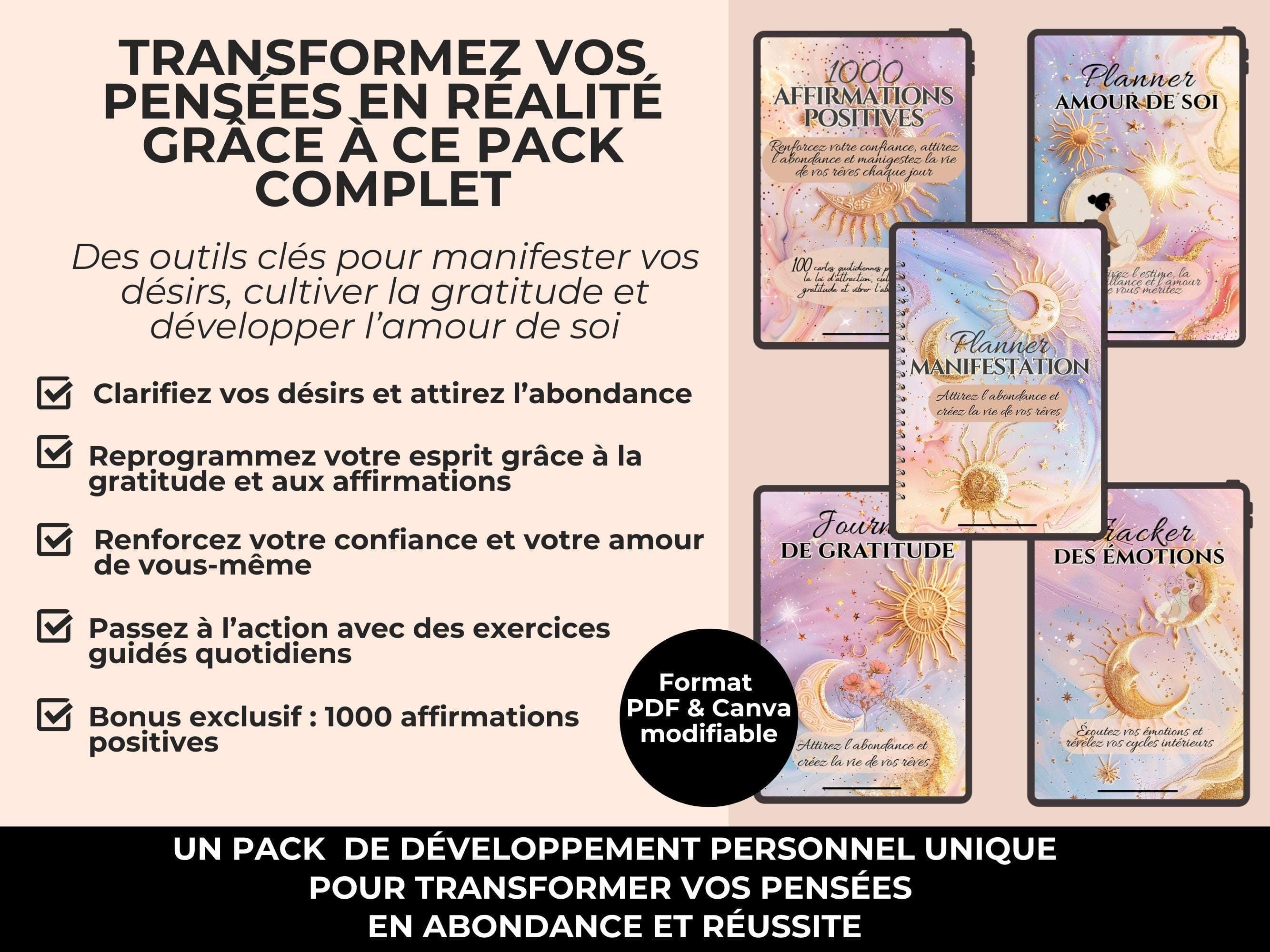Pack manifestation loi d’attraction en français – outils pour clarifier ses désirs, cultiver la gratitude et manifester l’abondance