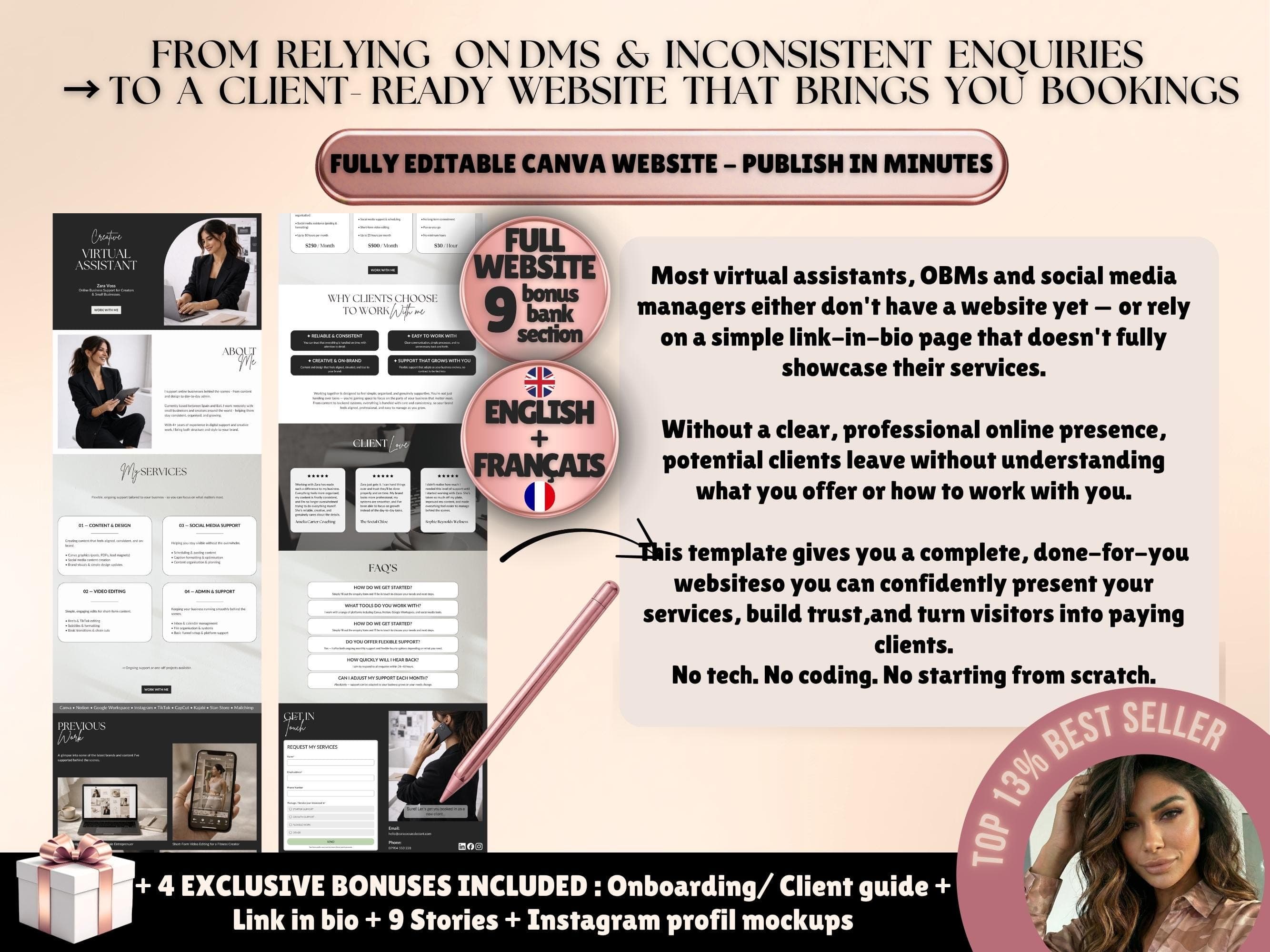 VA Canva website template — go from inconsistent DMs to a client-ready website that brings bookings, fully editable in Canva Free