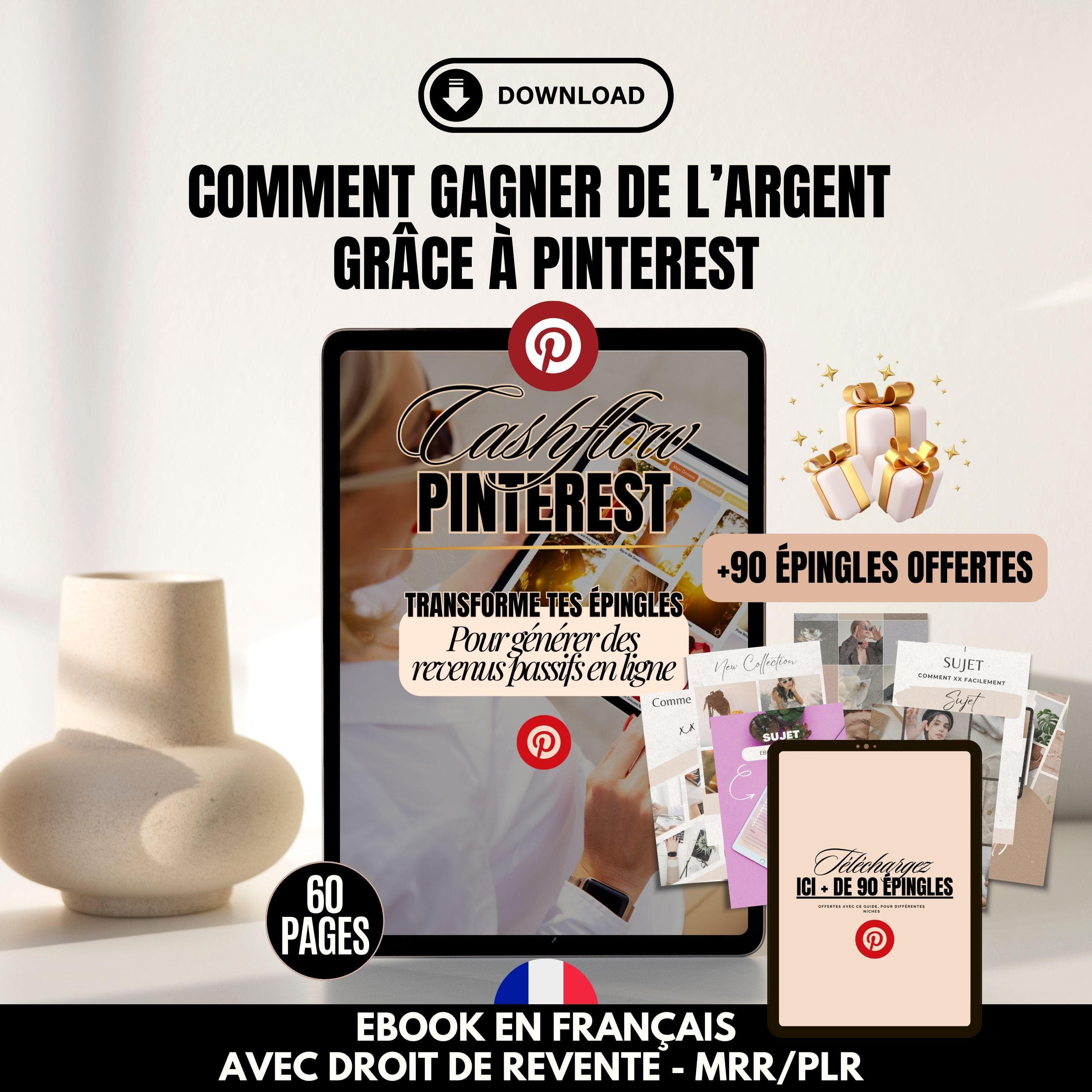 Ebook Pinterest PLR/MRR en Français | Guide comment utiliser Pinterest pour générer des revenus passifs + 90 épingles faceless marketing