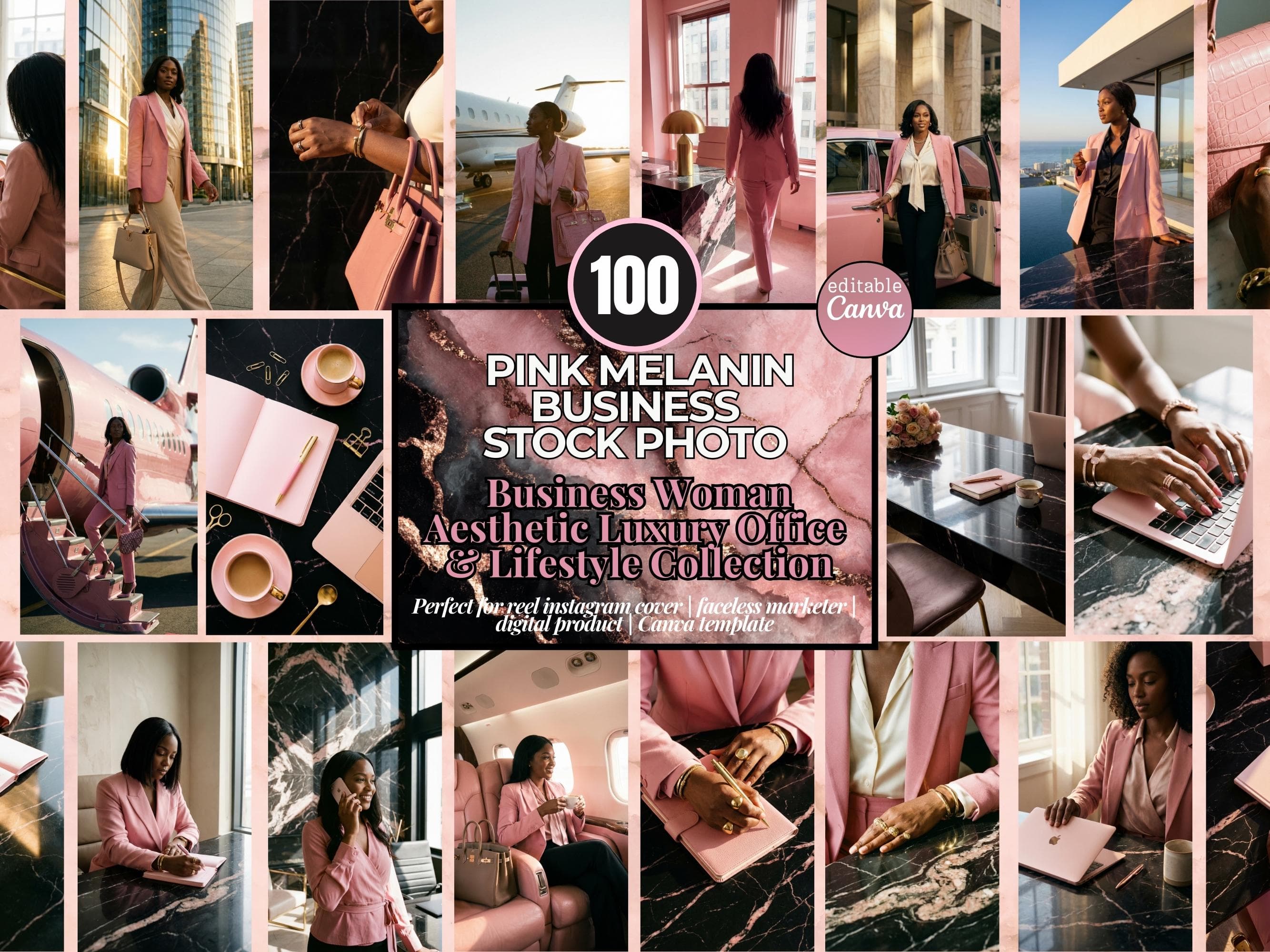 Pink melanin business stock photos for Instagram, 100 faceless black women business images and luxury office, Instagram reels cover, PLR