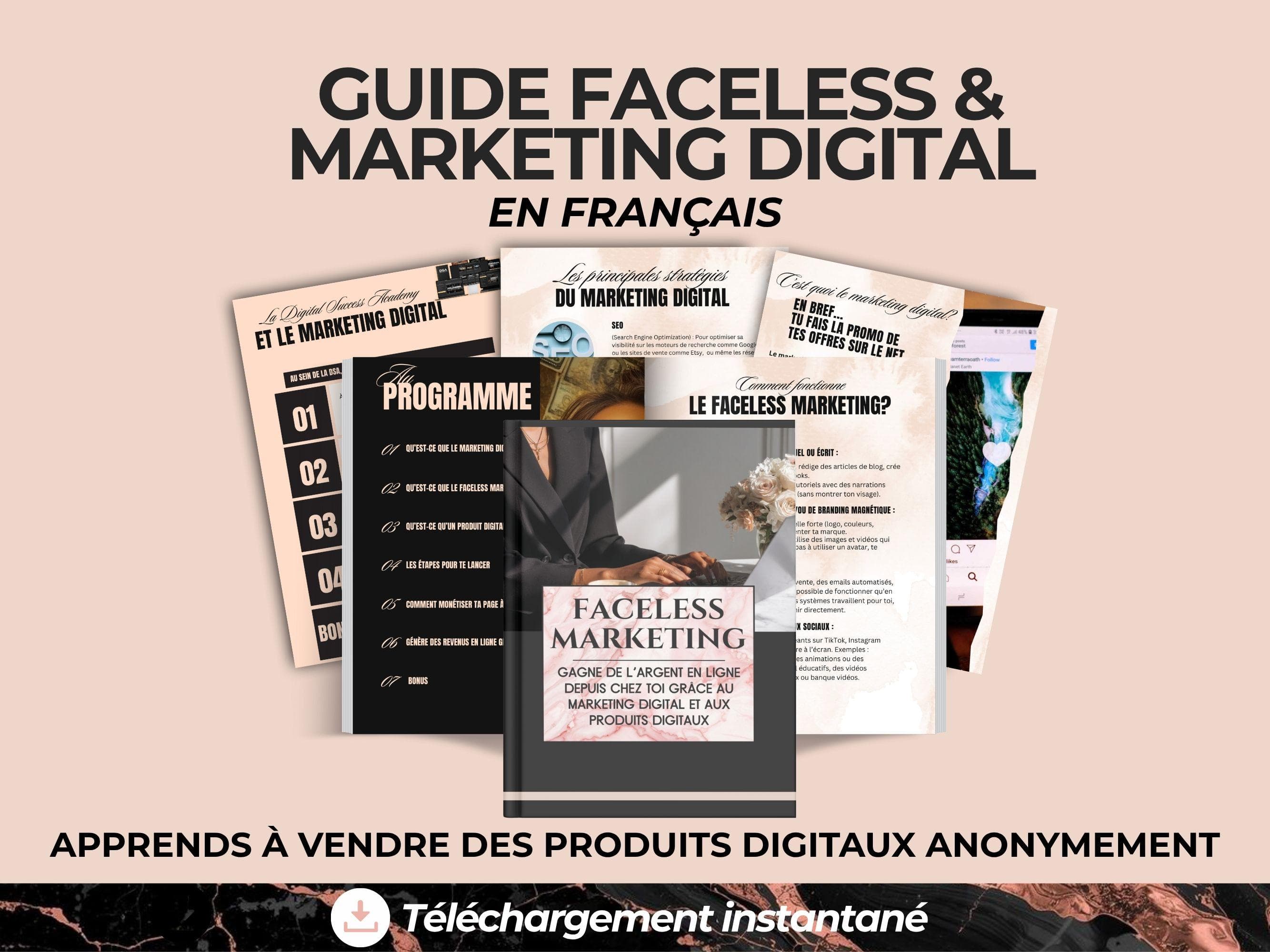 Guide faceless marketing digital, ebook en français pour apprendre à vendre des produits digitaux PLR anonymement sur Instagram