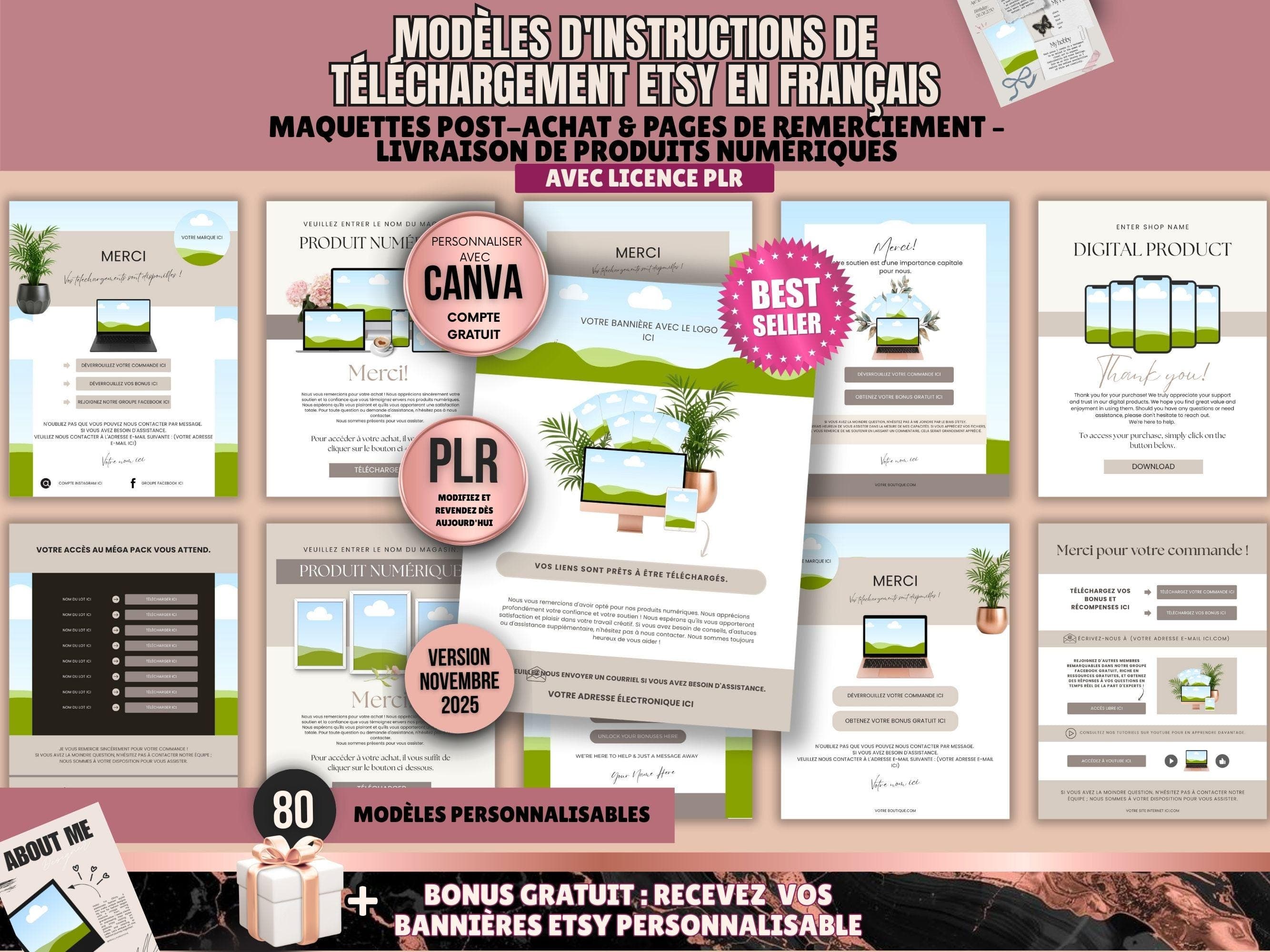 Modèles d’instructions de téléchargement Etsy (français), Maquette post-achat & remerciement, livraison de produits numériques - Licence PLR