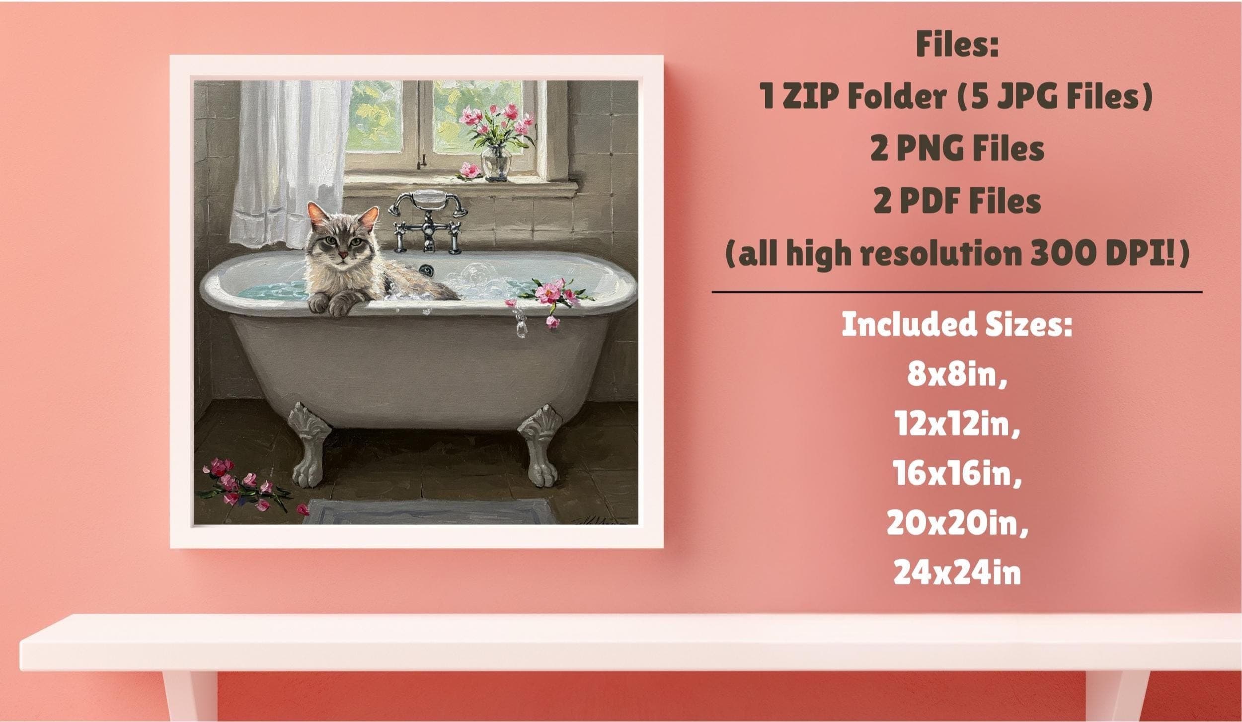 Vintage Cat in Bathtub Poster-Oil Painting Style Art Print-Artful Cat Print-Cute Playful Cat Wall Art-Textured Wall Paint-Instant Download - image 3