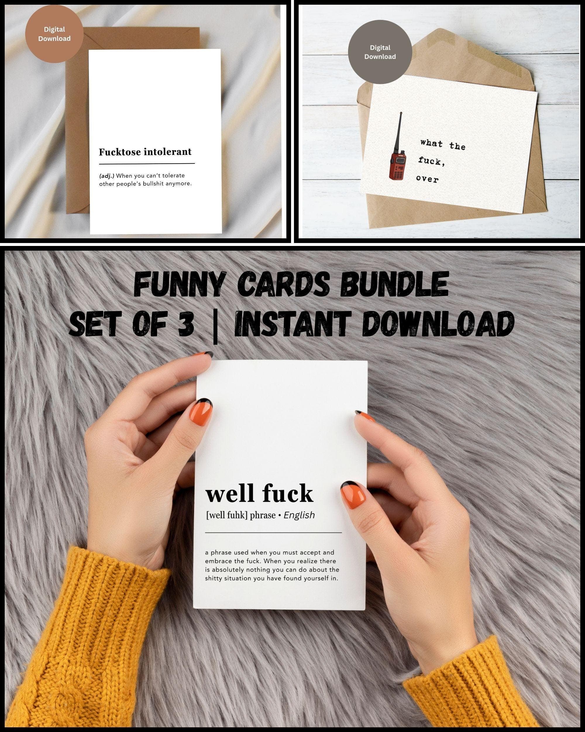 Funny Printable Cards Bundle, 3 Adult Humor Greeting Cards, Well Fuck Card, Fucktose Intolerant, What the Fuck Over, Instant Download Gift