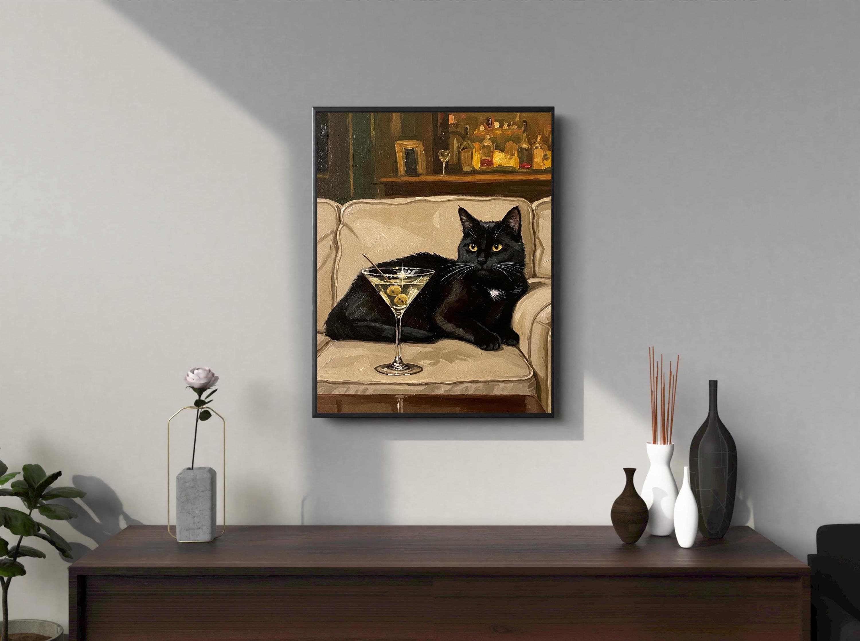 Black Cat Martini Art Print: Quirky Cocktail Bar Cart Decor