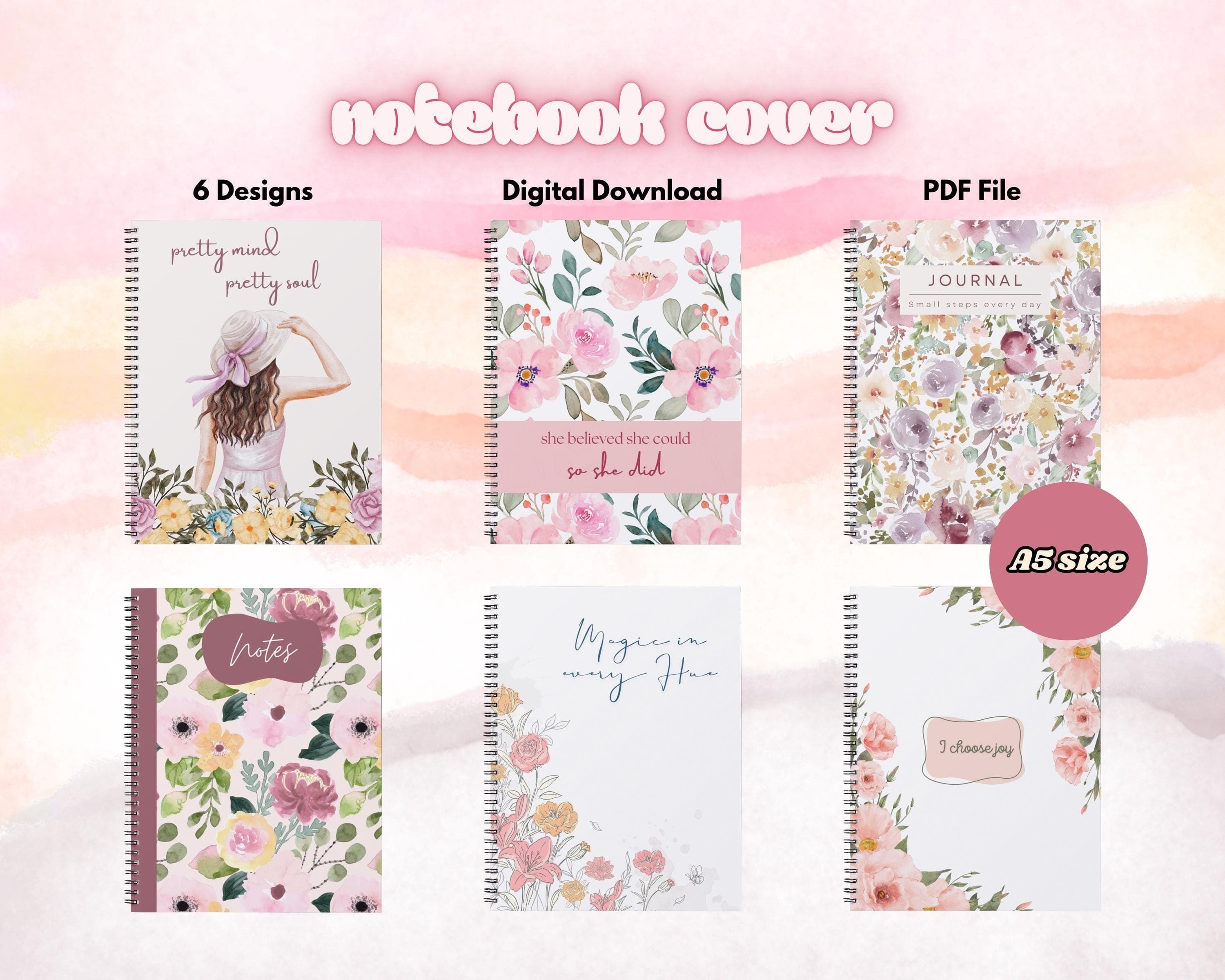 Floral Notebook Printable Covers, Girly Notebook Template, Digital Planner, Flowers Notebook Cover, Aesthetic Notebook, Cute Journal Designs