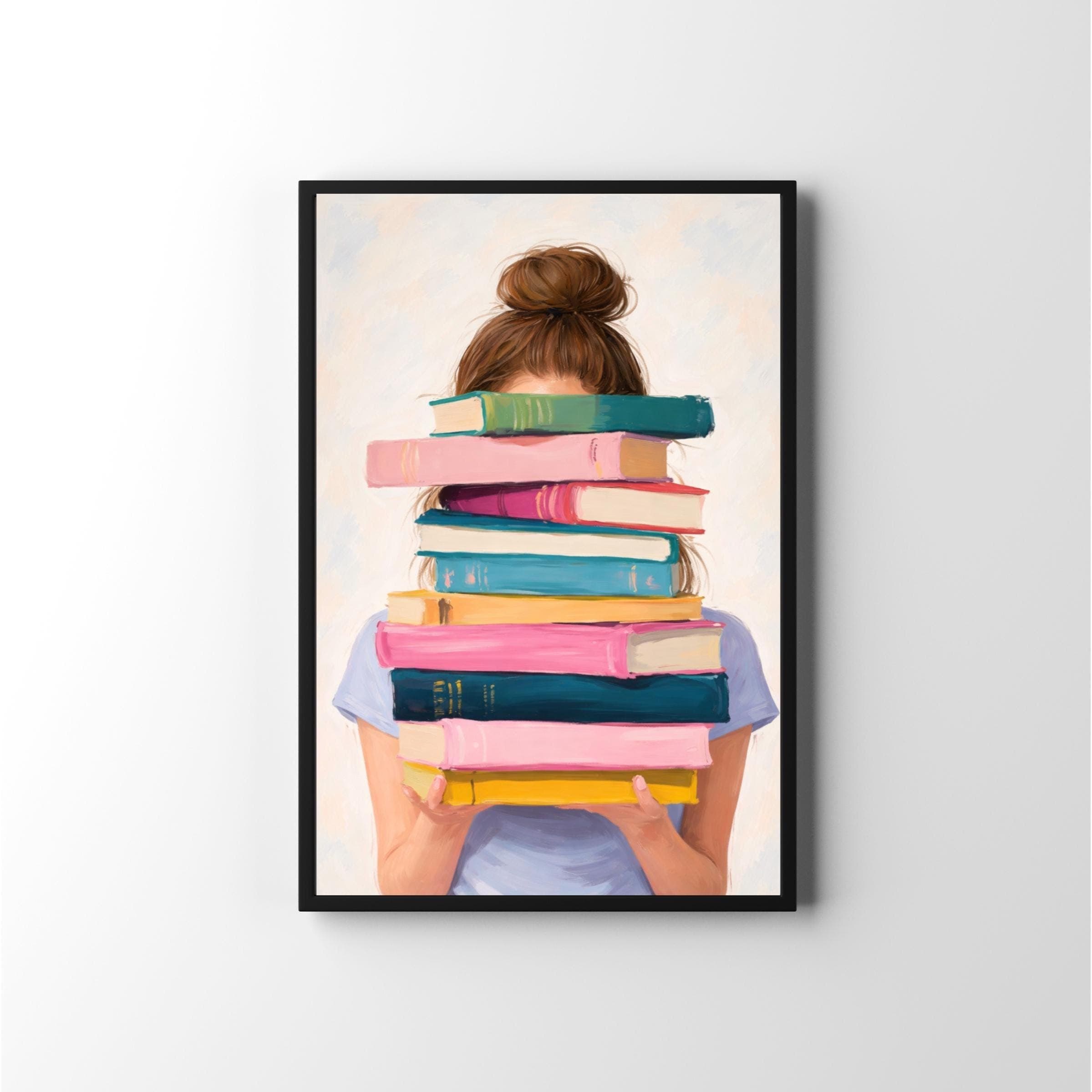 Girl With Stack of Books Poster, Pastel Book Lover Wall Art Print, Cute Reading Illustration Print, Reader Gift Printable, Library Decor