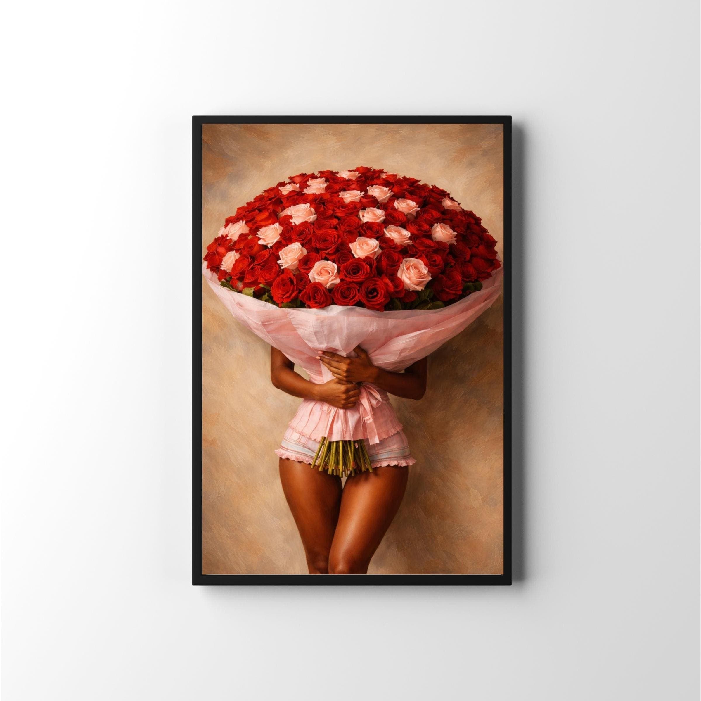 Black Woman Roses Bouquet Art Print, Afrocentric Home Wall Decor, Oil Painting Black Girl Art, Romantic Floral Printable, Red & Pink Roses
