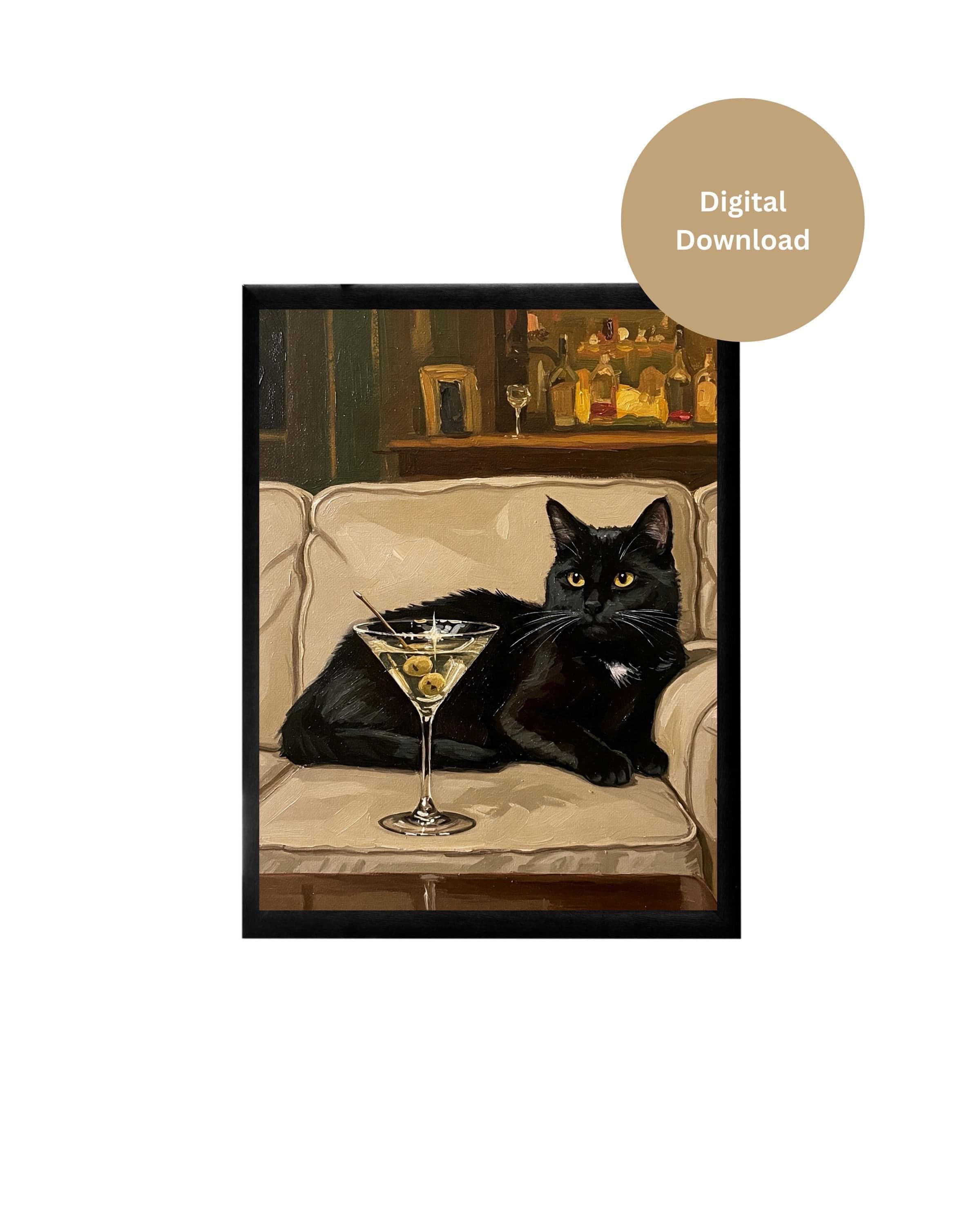 Black Cat Art Print | Martini Cocktail Wall Art | Funny Bar Decor | Lounge Painting | Digital Download | Cat Lover Gift, Retro Vintage Style