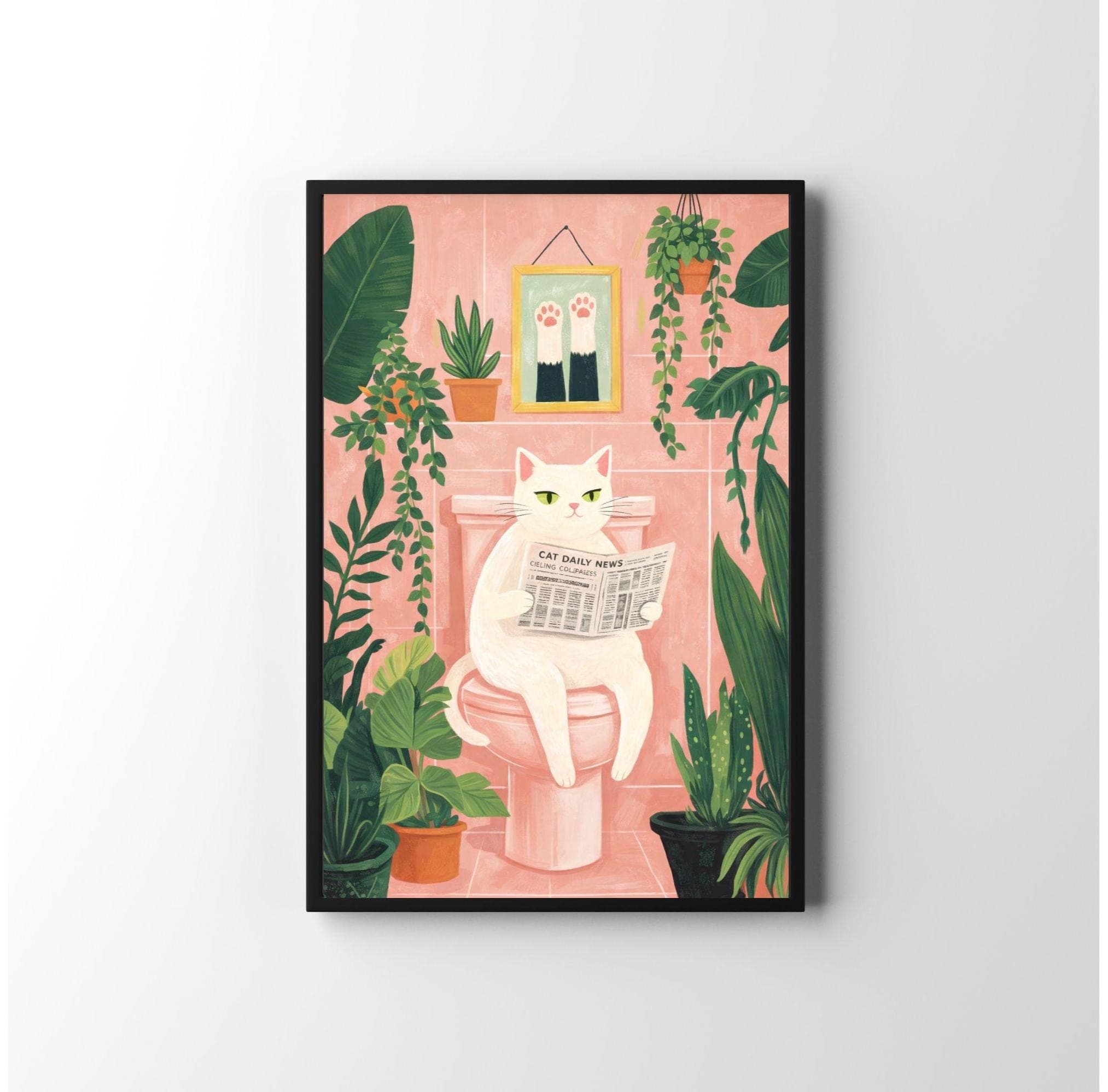 Funny Cat Bathroom Poster, Cat Reading Newspaper Print, Whimsical Bathroom Wall Decor, Vintage Cat Print, Pink Bathroom Art,Digital Download