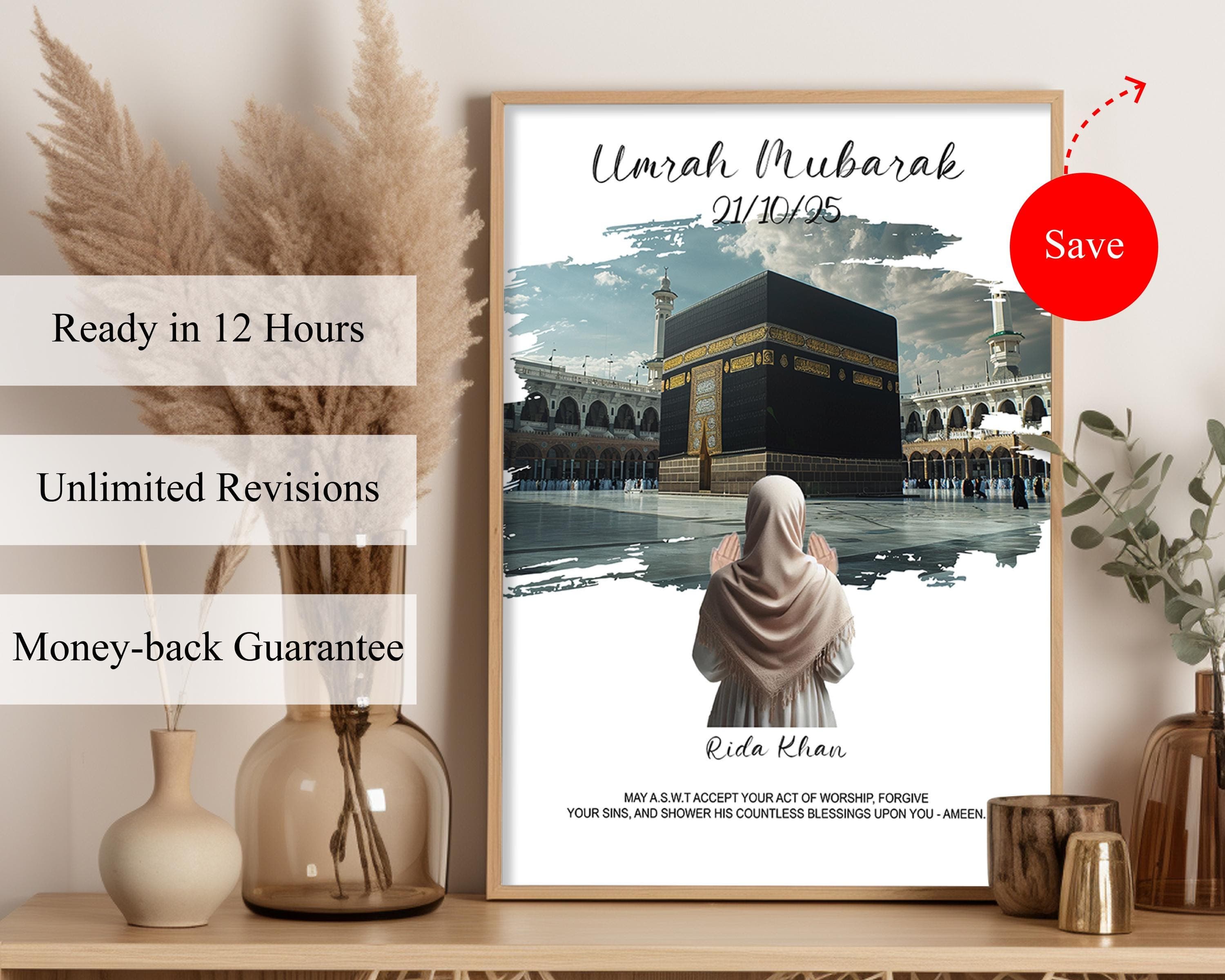 Personalized Umrah Mubarak Wall Art | Custom Kaaba Background & Praying Woman Colors | Editable Umrah Date Islamic Digital Print