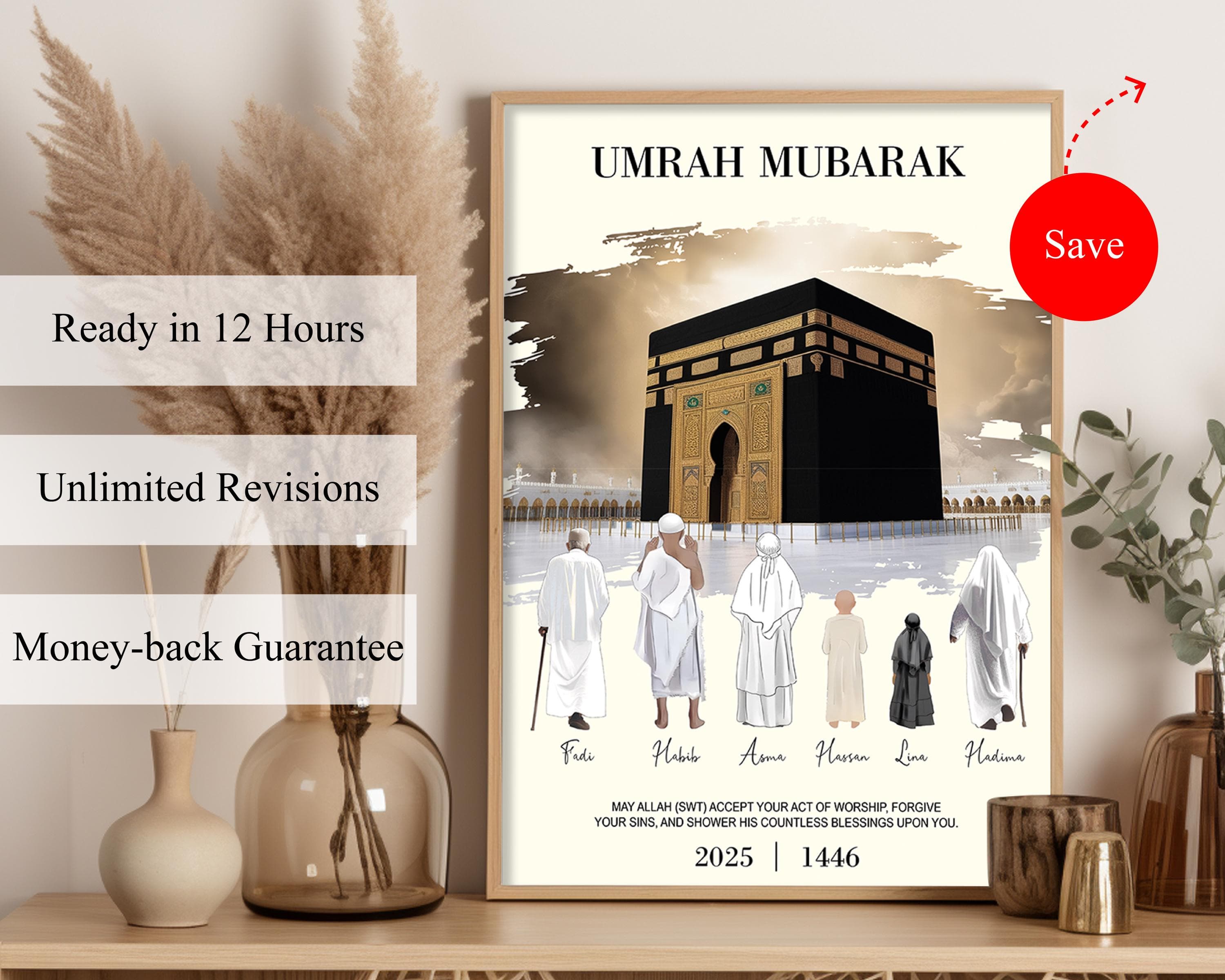 Personalized Umrah Digital Print, Islamic Wall Art, Hajj Gift, Muslim Family Poster, Eid Mubarak Home Decoration, Umrah 2025