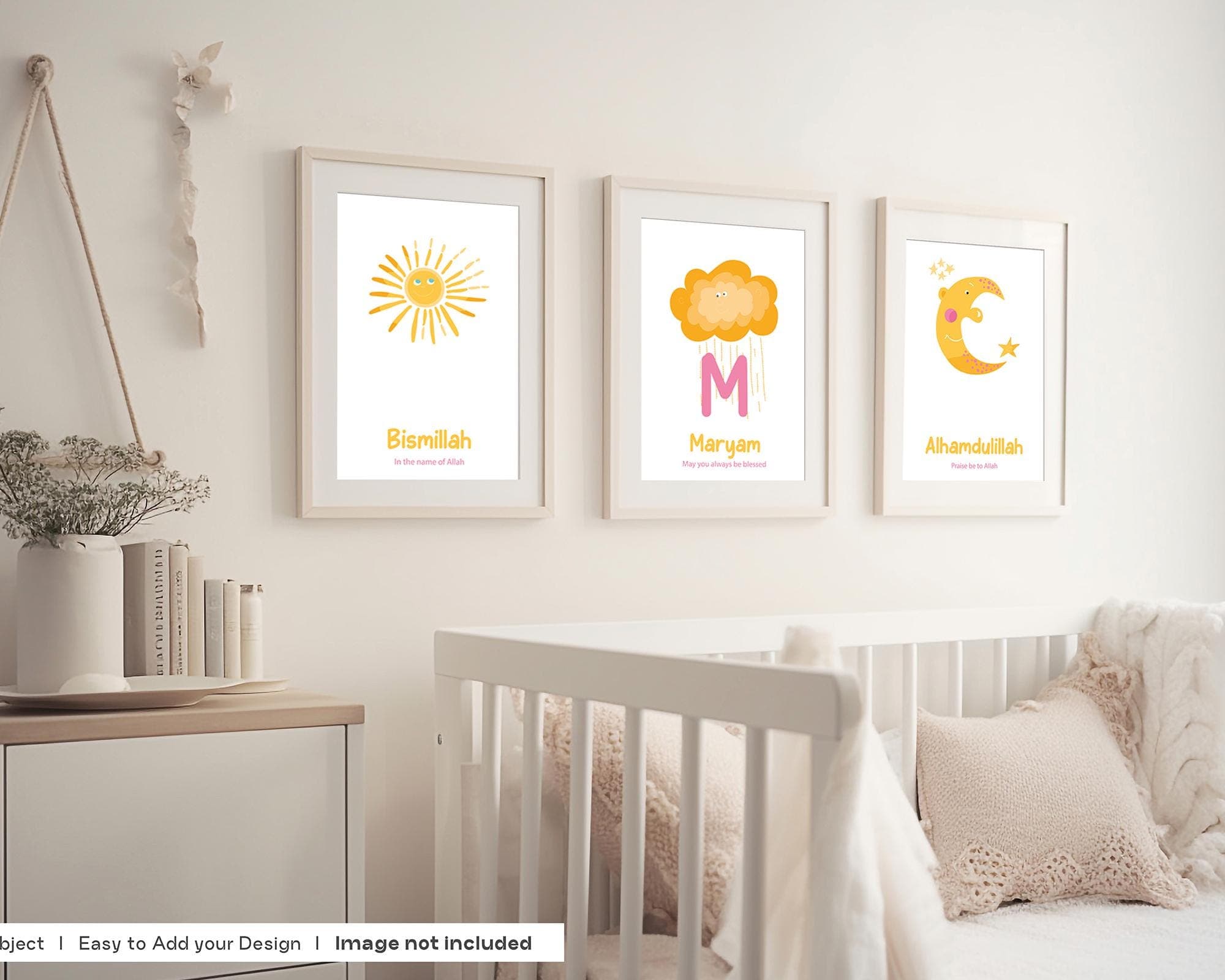 Set of 3 Printable Muslim Nursery Posters and Prints, Personalised Islamic Wall Art Gifts for Kids, Digital Download Art for Children Girls