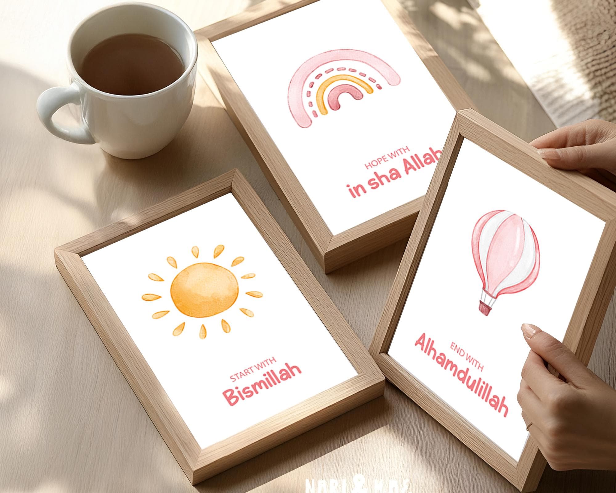 Set of 3 Islamic Wall Art Prints for Children, 3 Piece Muslim Nursery Triptych Pink, Islamic Gifts Kids, Start with Bismillah Posters Trio