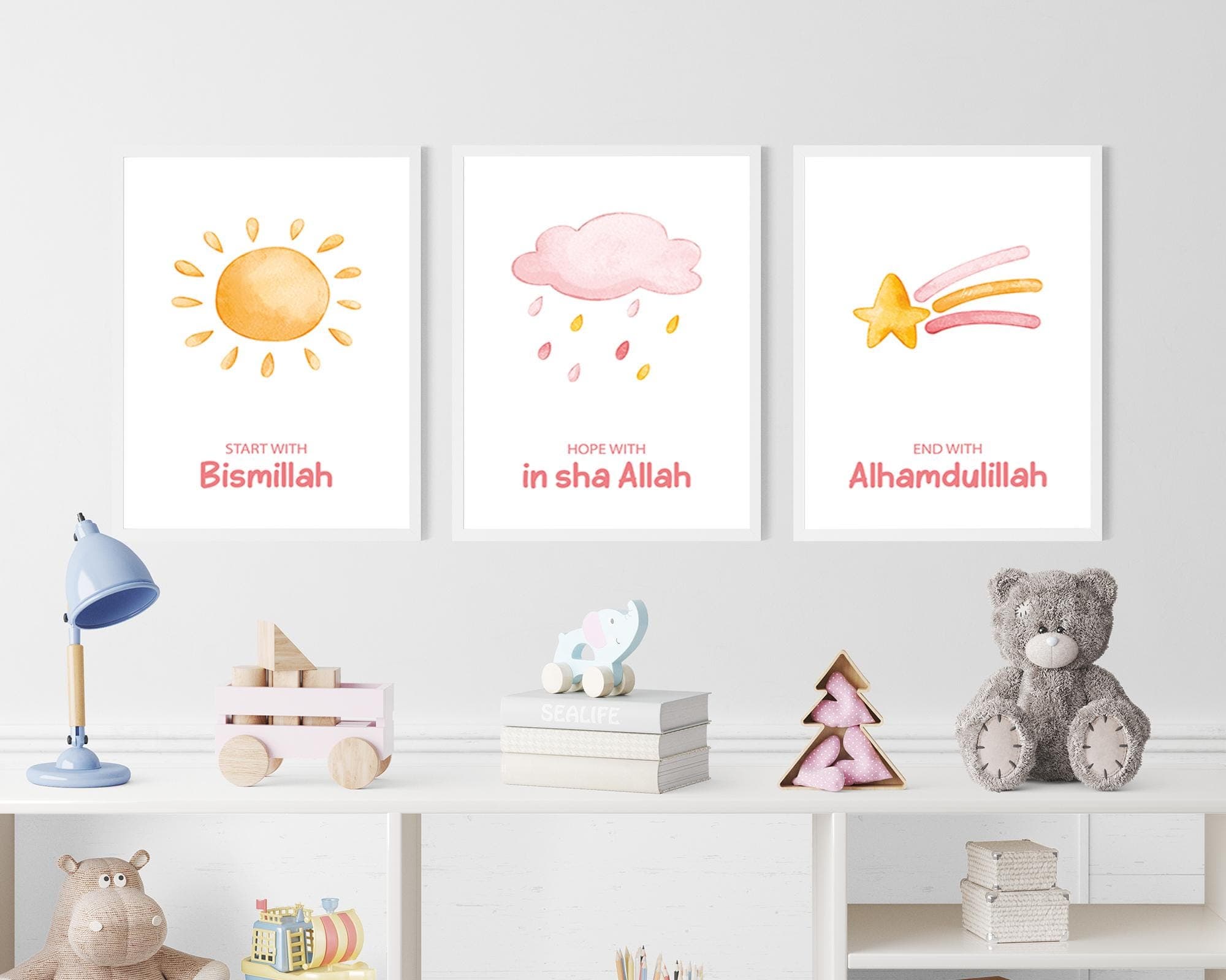 Set of 3 Islamic Wall Art Prints for Kids, 3 Piece Muslim Nursery Wall Art Pink and Yellow, Islamic Gifts for Kids, Islam Posters Kids Room - image 5