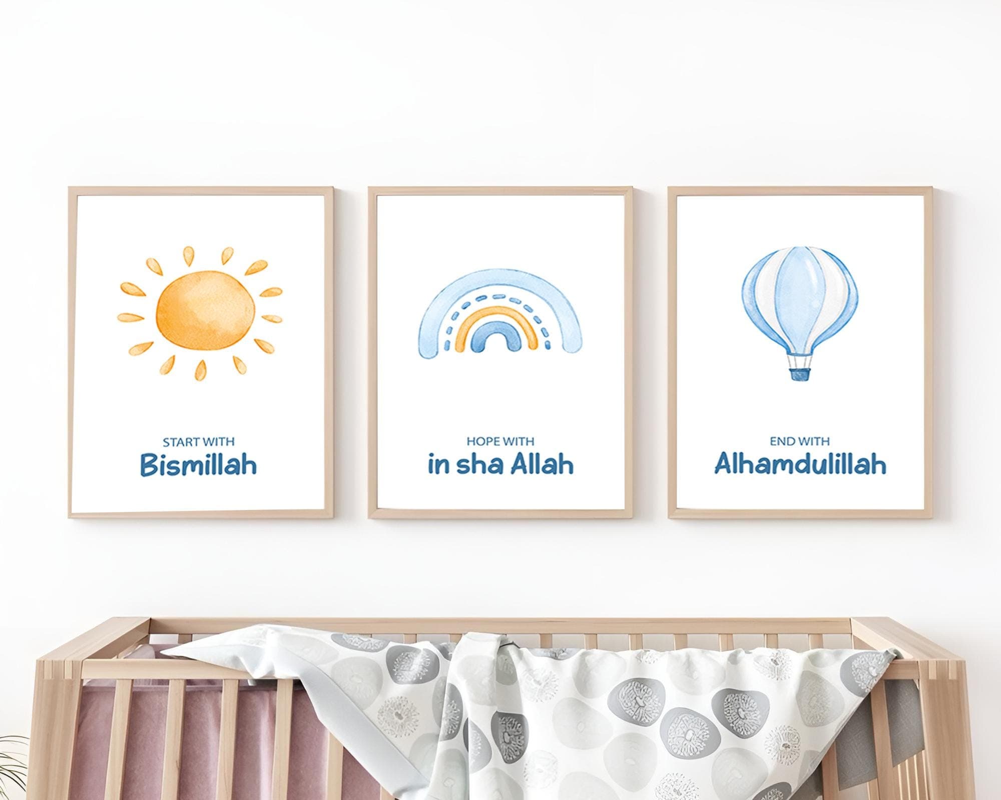 Set of 3 Islamic Wall Art Prints for Children, 3 Piece Muslim Nursery Triptych Blue, Islamic Gifts Kids, Start with Bismillah Posters Trio