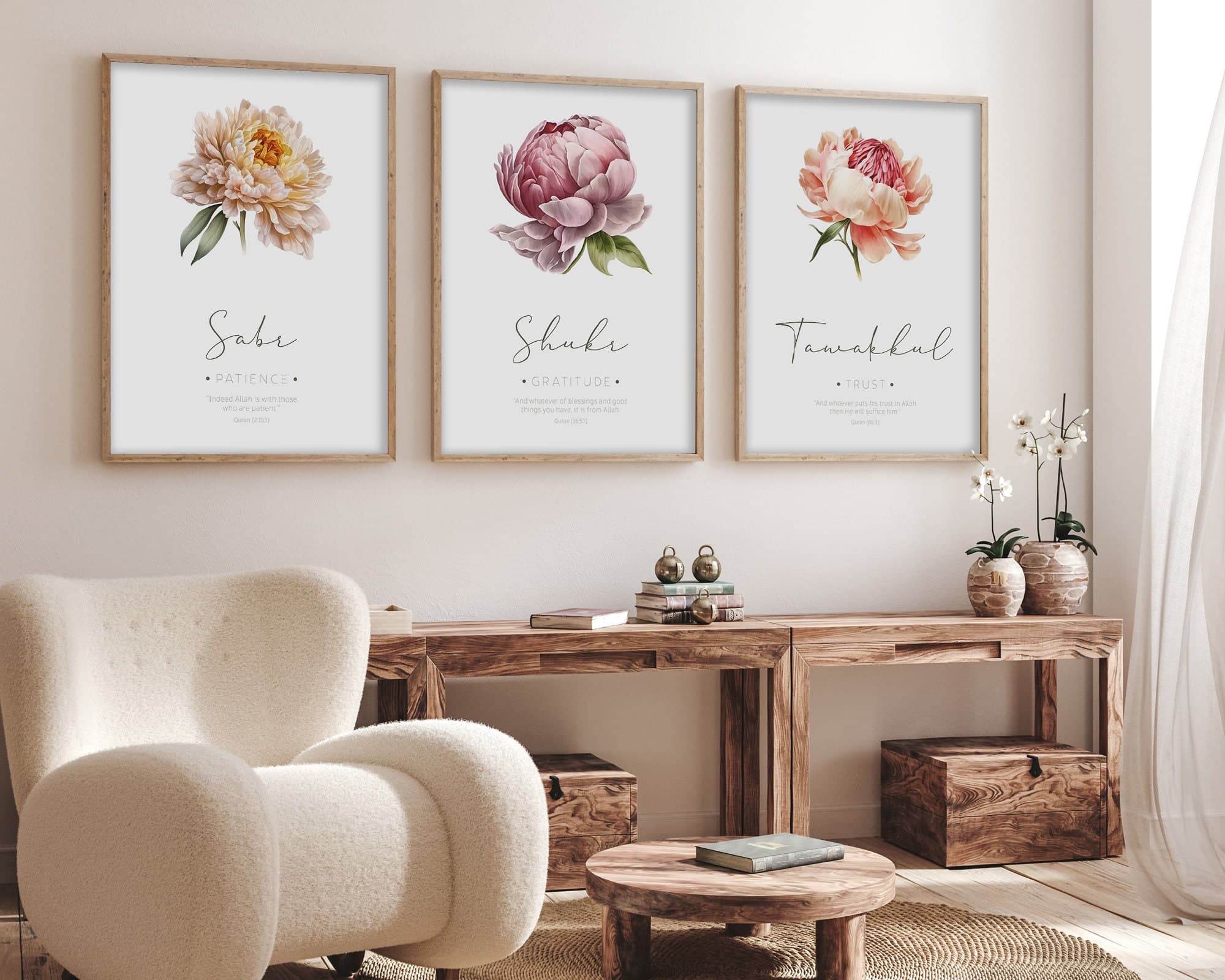 Elevate your surroundings with our Etsy-exclusive Set of 3 Islamic Digital Art Prints. These printable wall art pieces seamlessly combine contemporary design and spiritual depth, featuring Quranic verses on Sabr, Shukr, and Tawakkul.