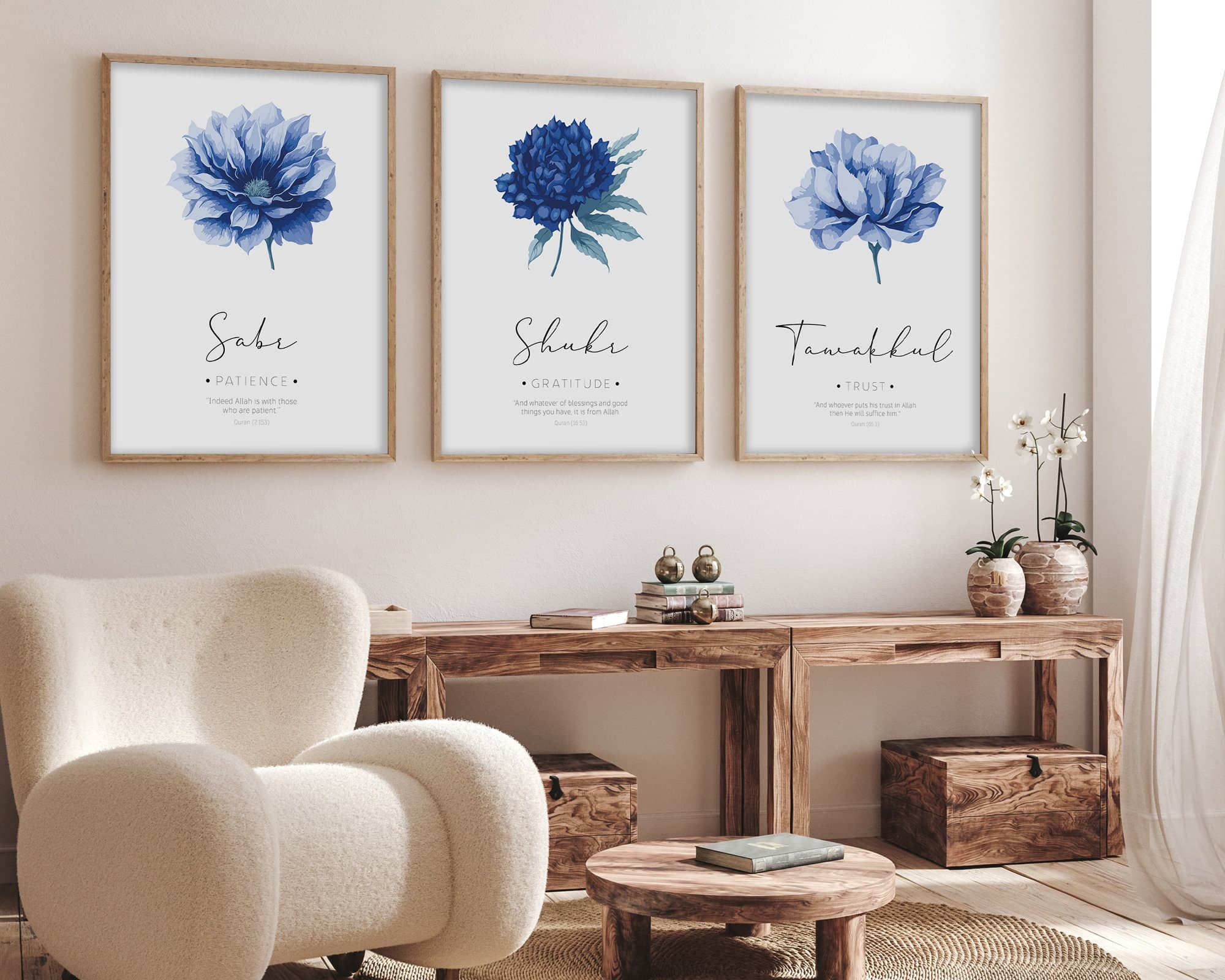 Set of 3 Islamic Digital Art Prints, Islamic Printable Wall Art, Inspirational Muslim Posters, Islamic Gifts Sabr Shukr Tawakkul Quran Verse