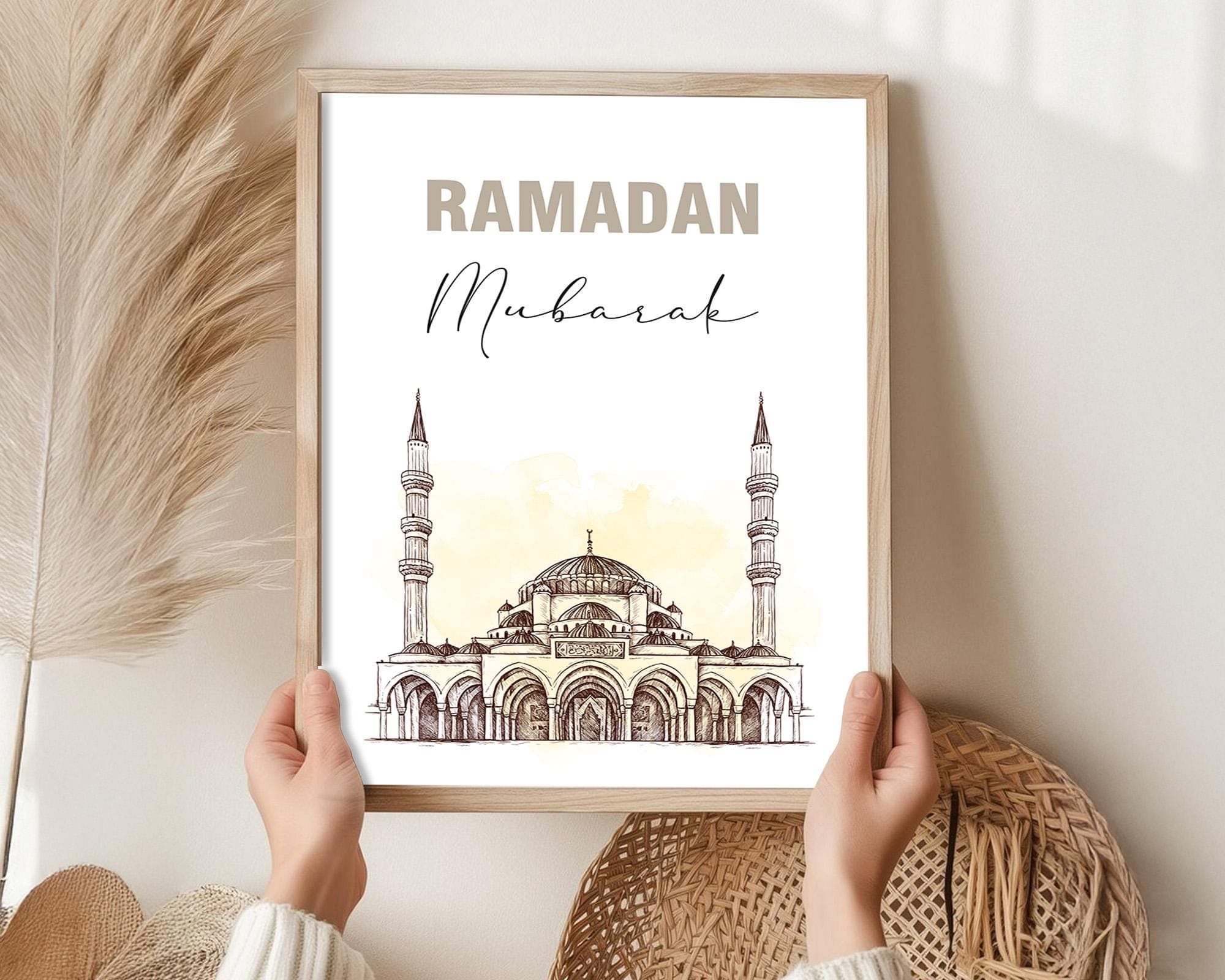 Ramadan Mubarak Wall Art Digital Download, Islamic Printable Poster, Ramadan Decorations, Muslim Home Decor, Mosque Downloadable Print Beige