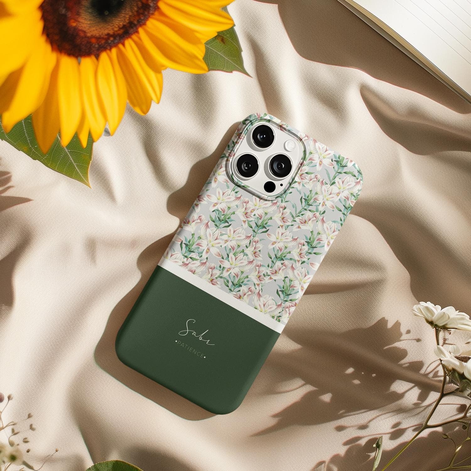 Floral Lily Pattern Tough Phone Case | Green Monogram Accent