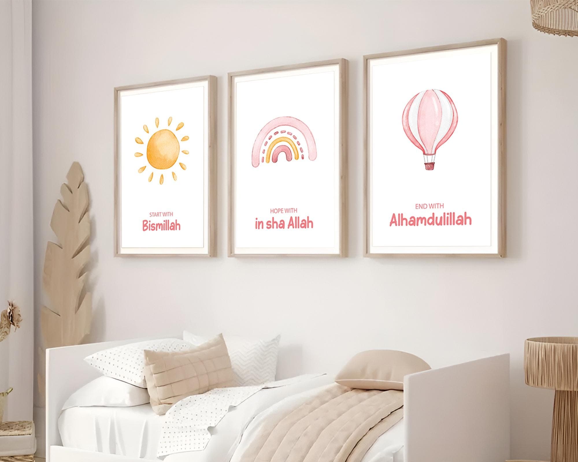 Set of 3 Islamic Wall Art Prints for Children, 3 Piece Muslim Nursery Triptych Pink, Islamic Gifts Kids, Start with Bismillah Posters Trio - image 5