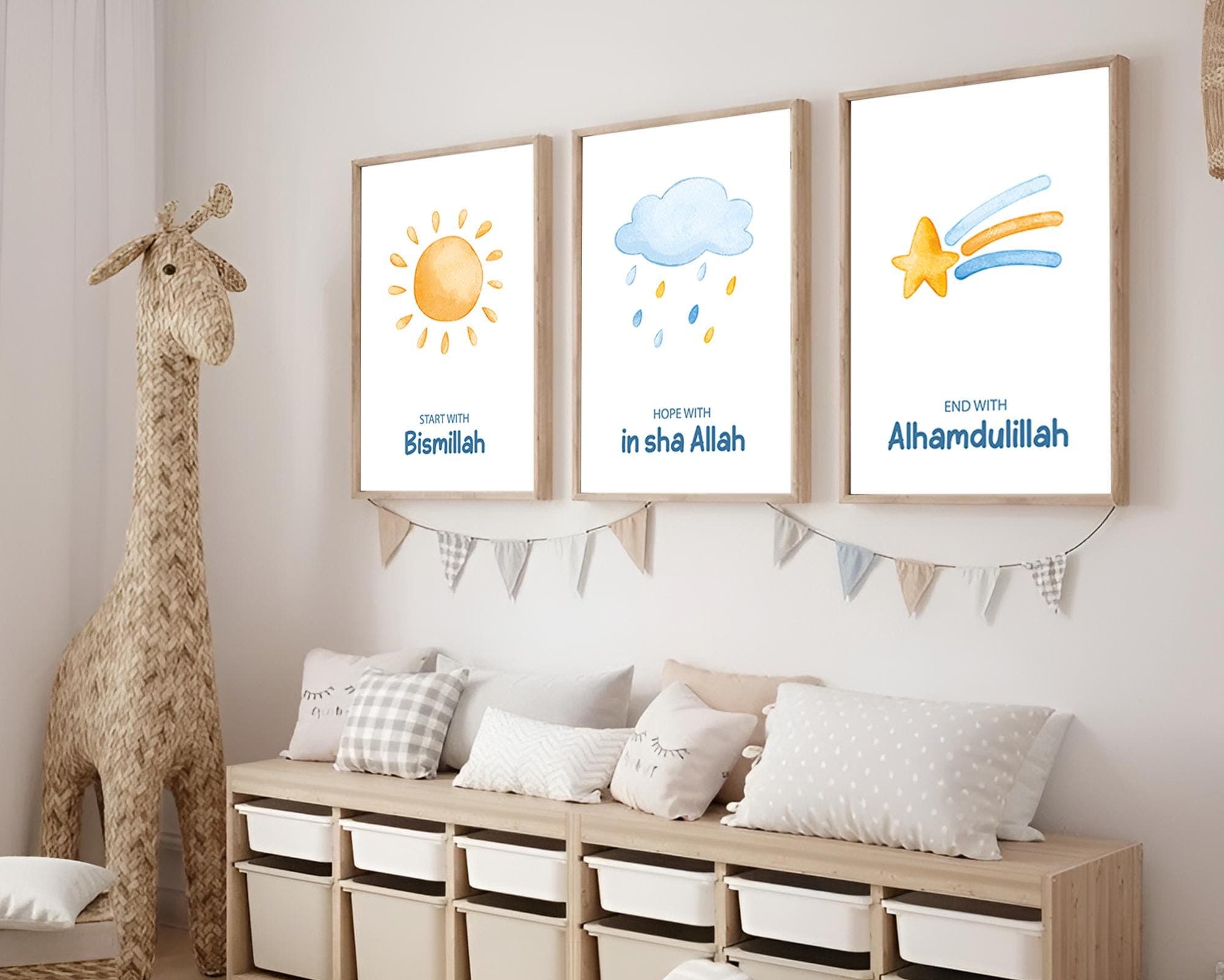 Set of 3 Islamic Wall Art Prints for Children, 3 Piece Muslim Nursery Wall Art Blue, Islamic Gifts for Kids, Islamic Posters Baby Boy Art - image 3