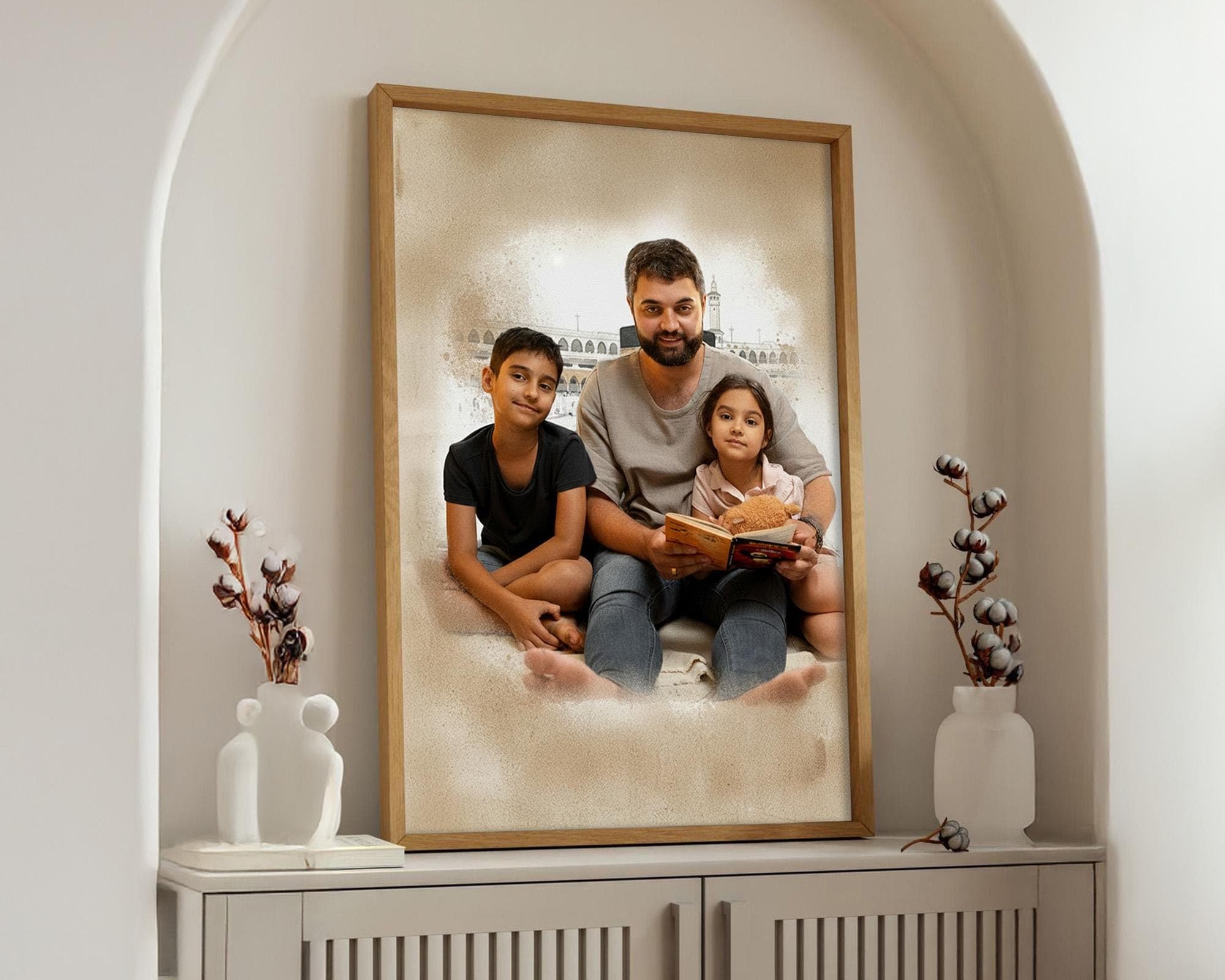 Custom Islamic Portrait with Kaaba Scene, Combined Family Ph, Digital Keepsake