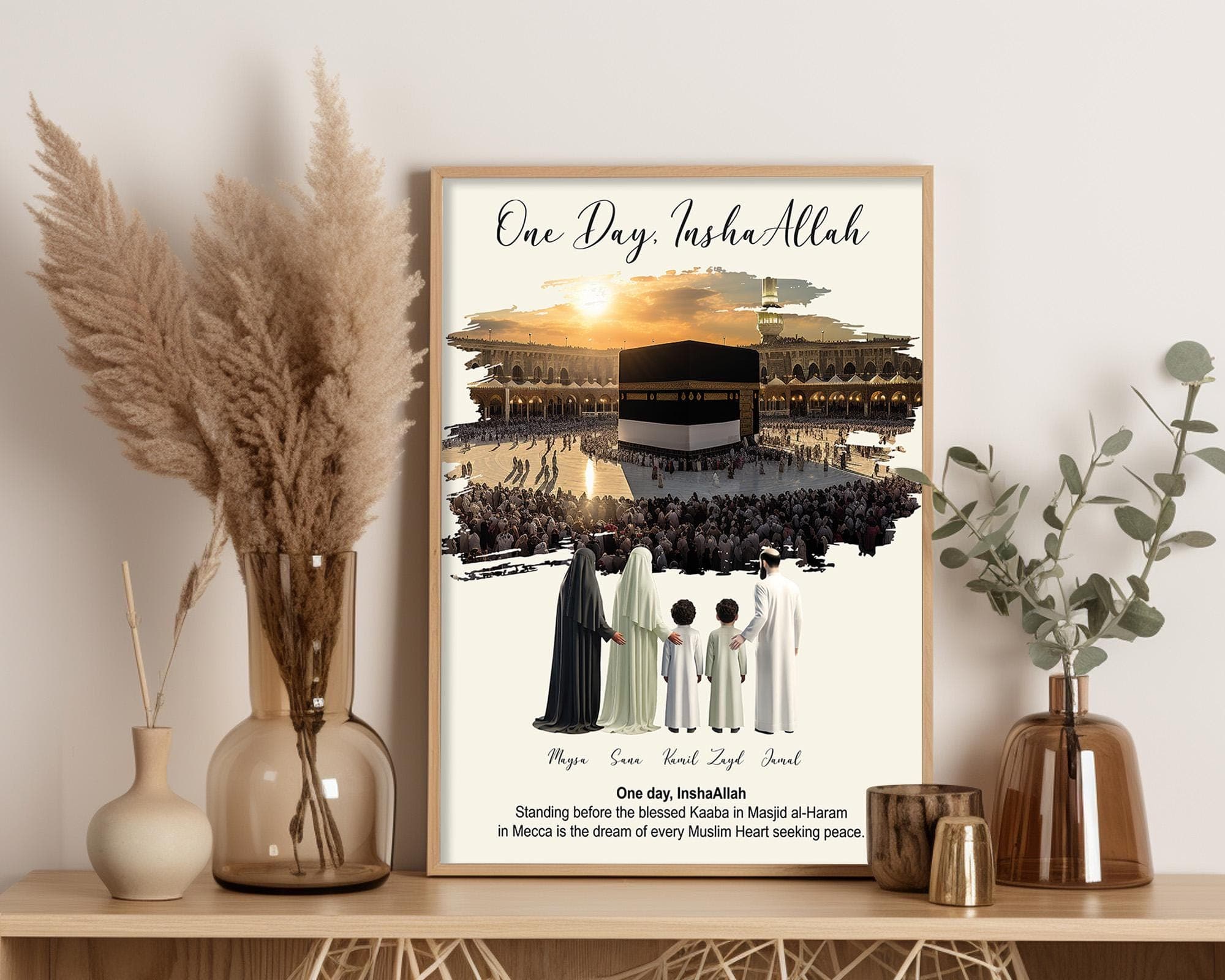 One Day InshaAllah Islamic Art, Custom Family Names Mecca Poster, Muslim Home Decor, Hajj Pilgrimage Manifest, Personalized Digital Print - image 3