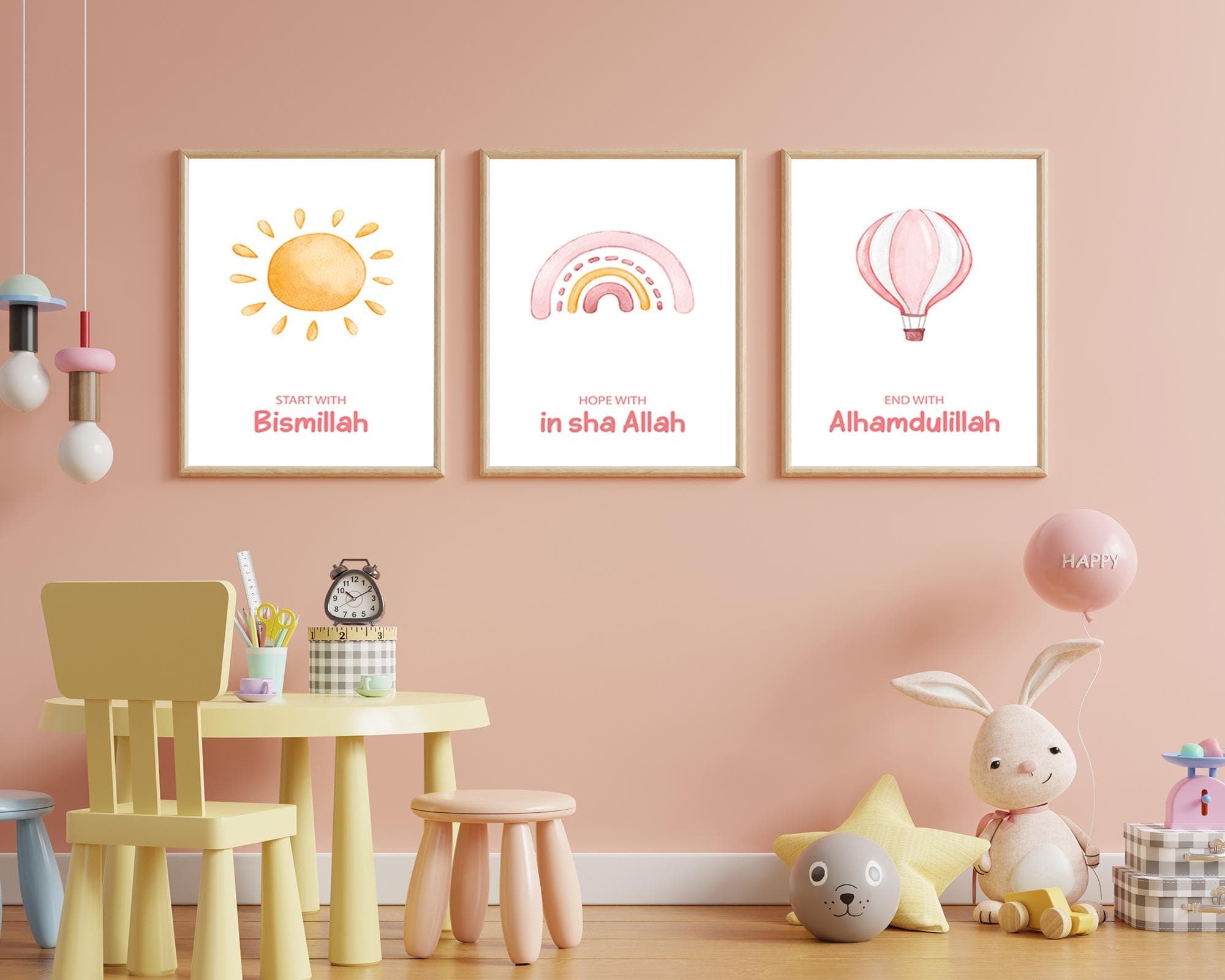 Set of 3 Islamic Wall Art Prints for Children, 3 Piece Muslim Nursery Triptych Pink, Islamic Gifts Kids, Start with Bismillah Posters Trio - image 3