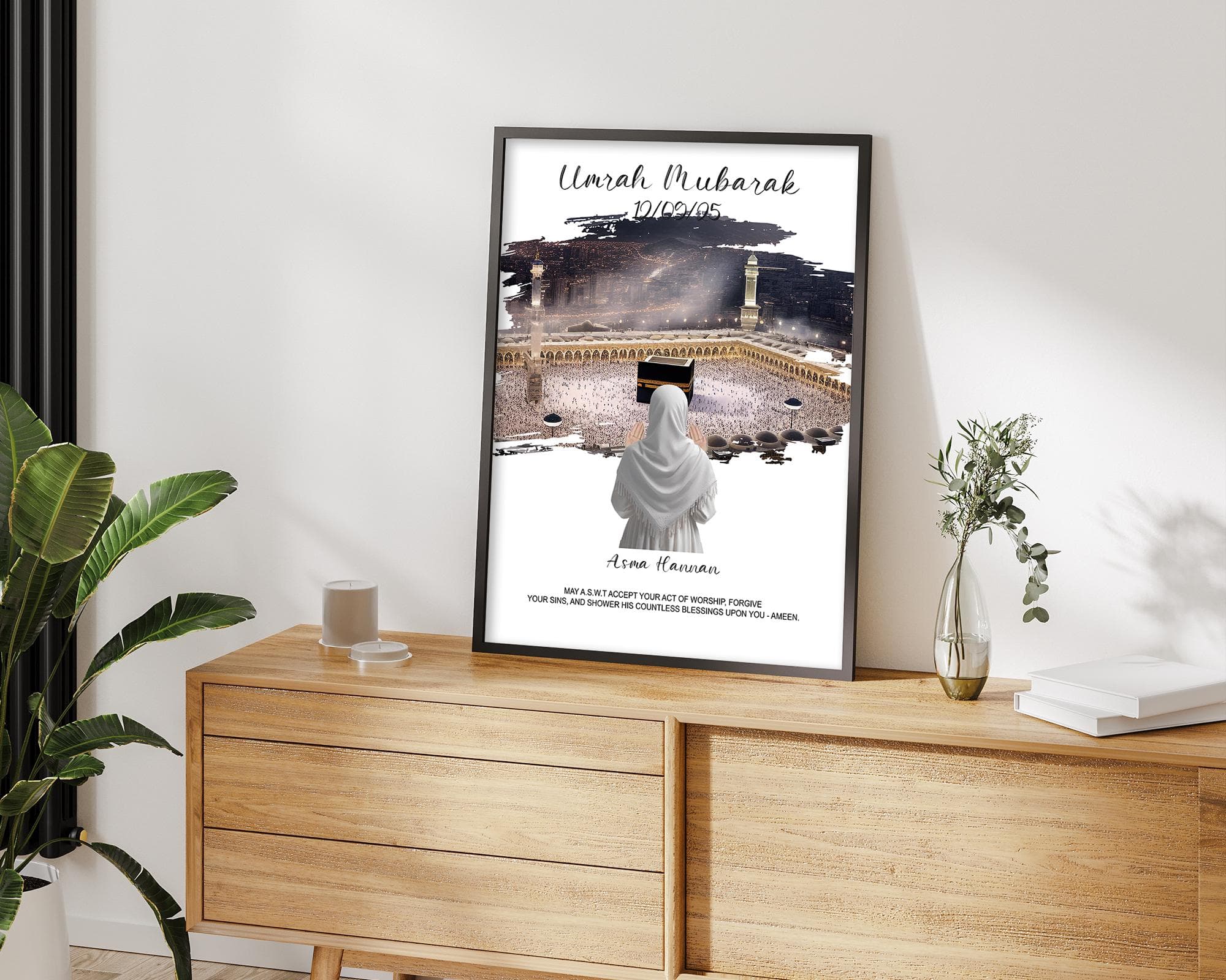 Personalized Umrah Mubarak Wall Art | Custom Kaaba Background & Praying Woman Colors | Editable Umrah Date Islamic Digital Print - image 4