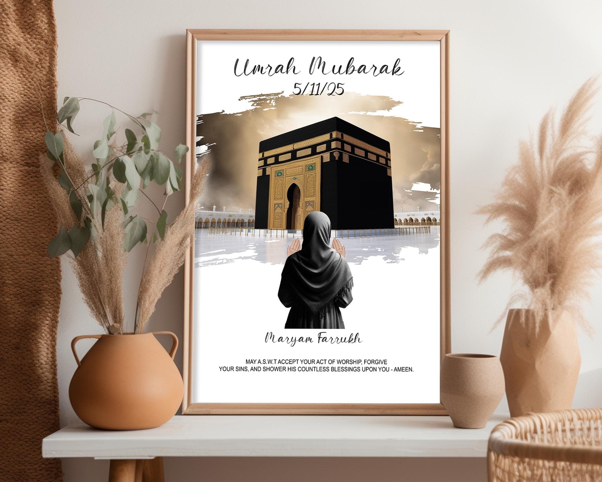 Personalized Umrah Mubarak Wall Art | Custom Kaaba Background & Praying Woman Colors | Editable Umrah Date Islamic Digital Print - image 3