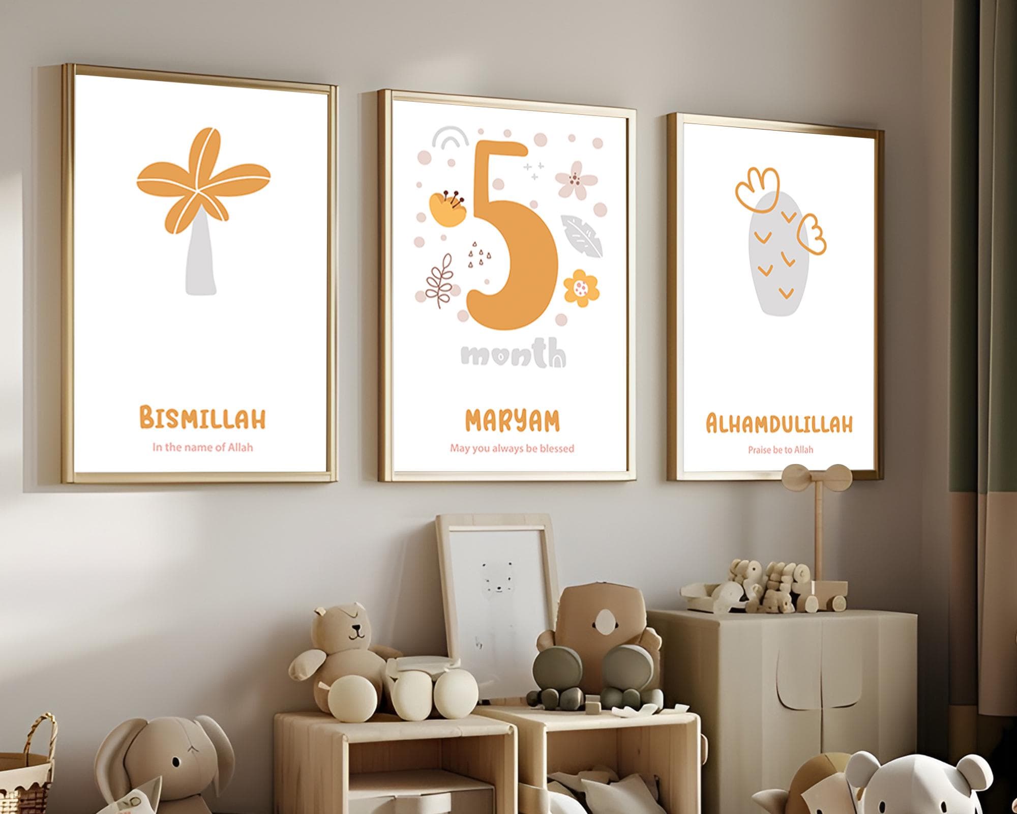 Personalised Islamic Wall Art Gifts for Kids, Set of 3 Printable Muslim Nursery Posters and Prints, Digital Download Art for Children Girls