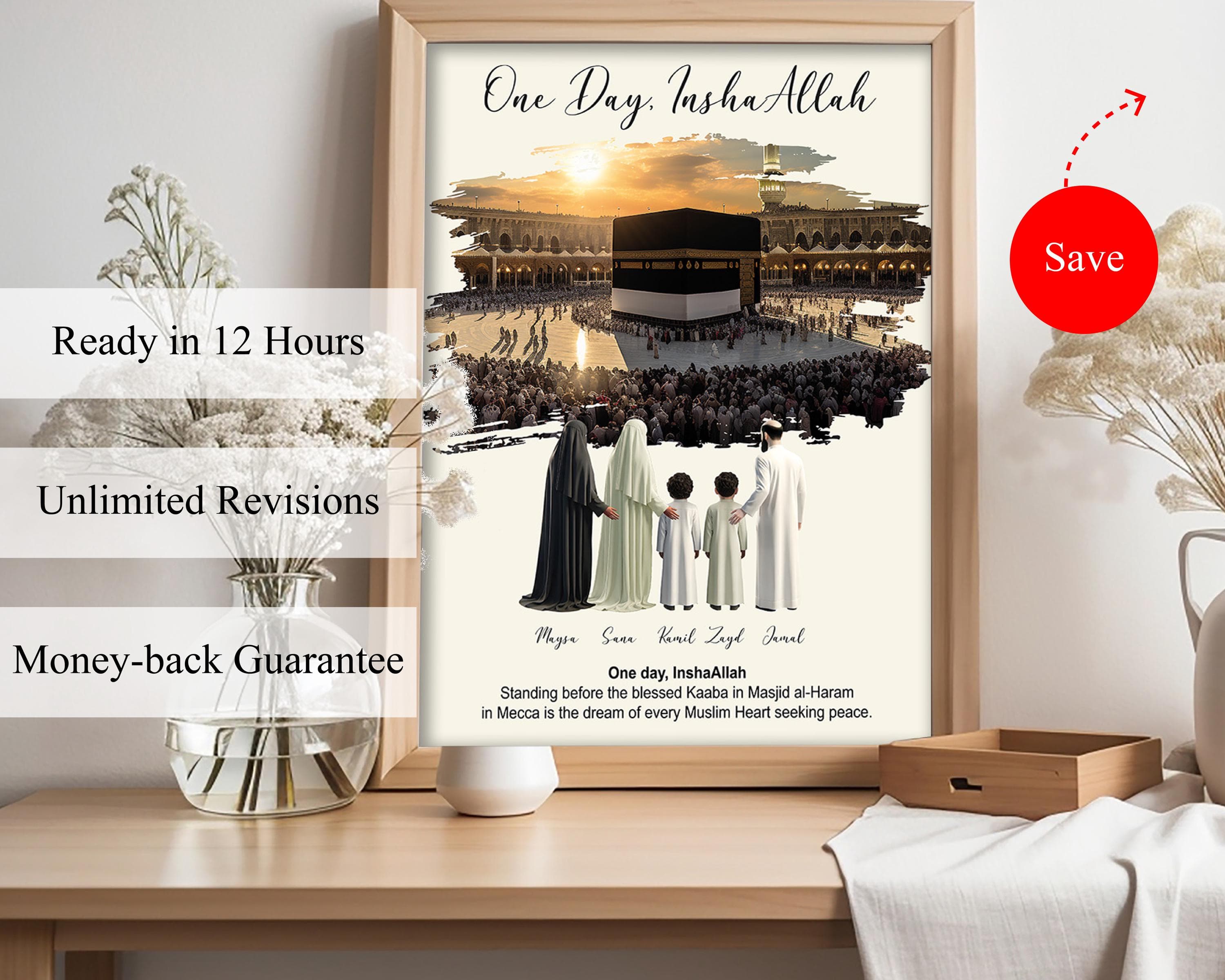 One Day InshaAllah Islamic Art, Custom Family Names Mecca Poster, Muslim Home Decor, Hajj Pilgrimage Manifest, Personalized Digital Print