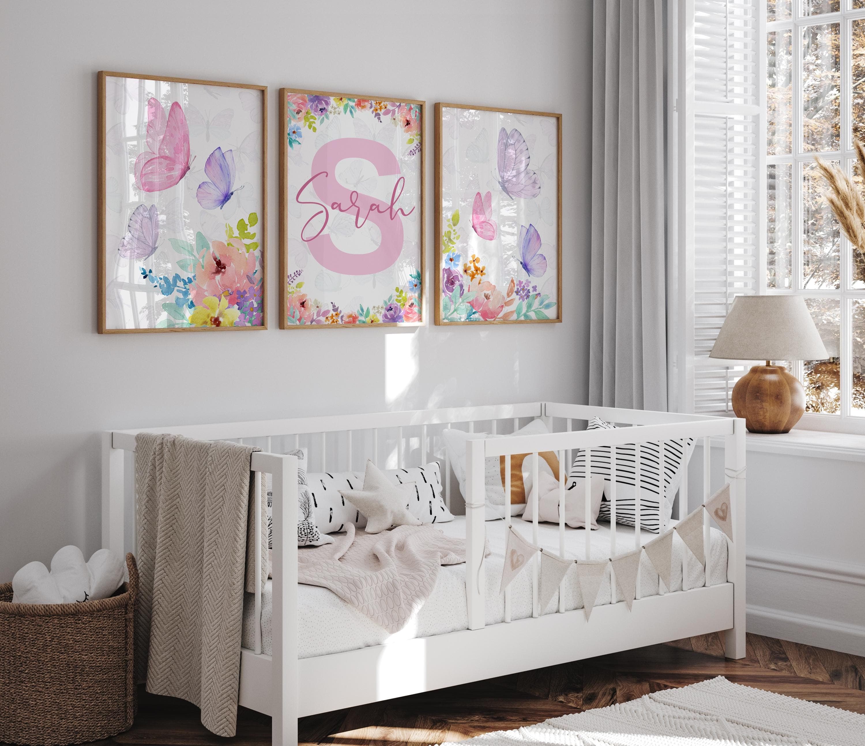 Pastel butterfly and flower wall art for girls nursery