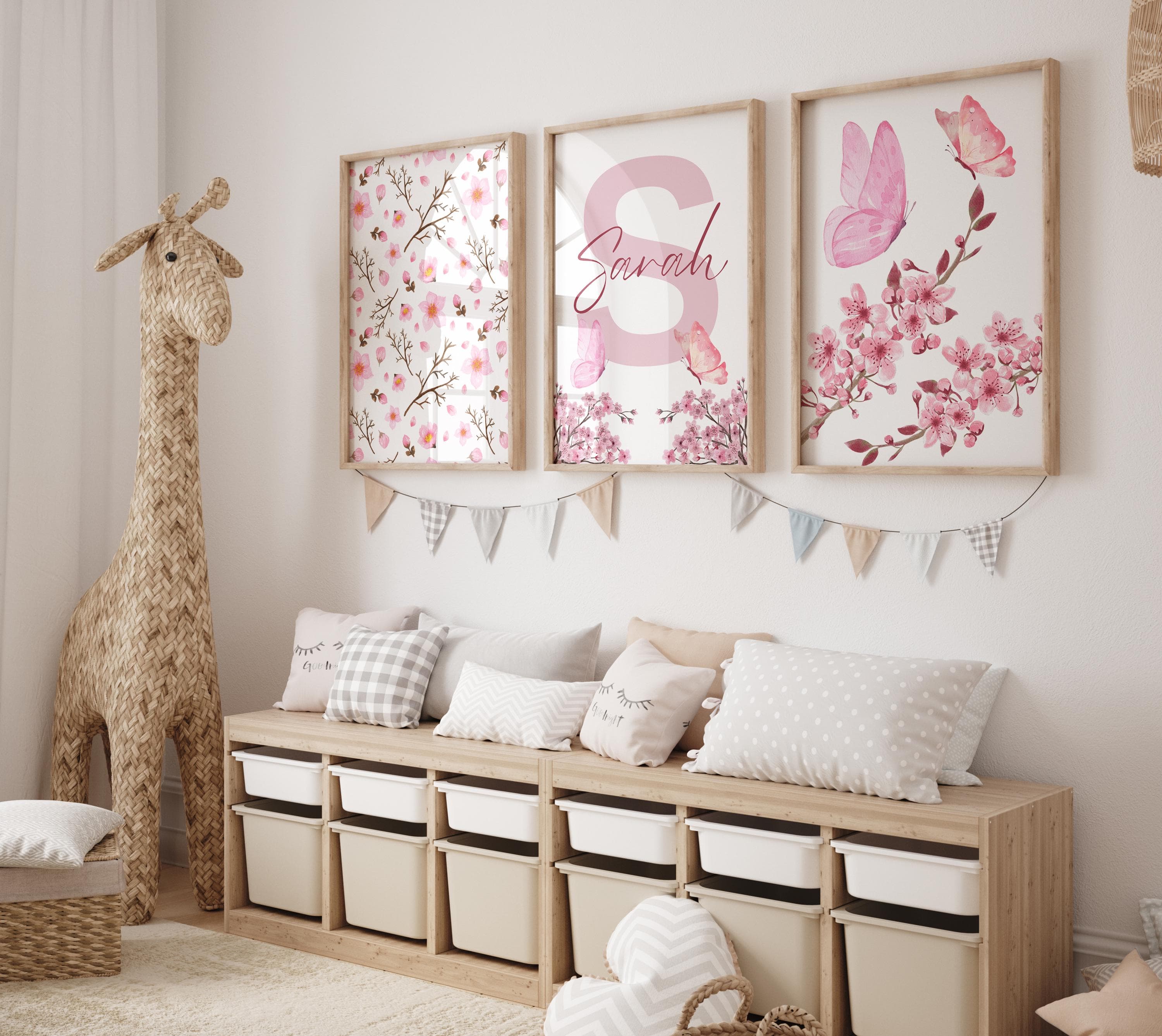Personalized Cherry Blossom Wall Art Set - Pink Floral Decor for Girl's Room, Custom Name Nursery Prints,  Butterfly and Flower Nursery Art