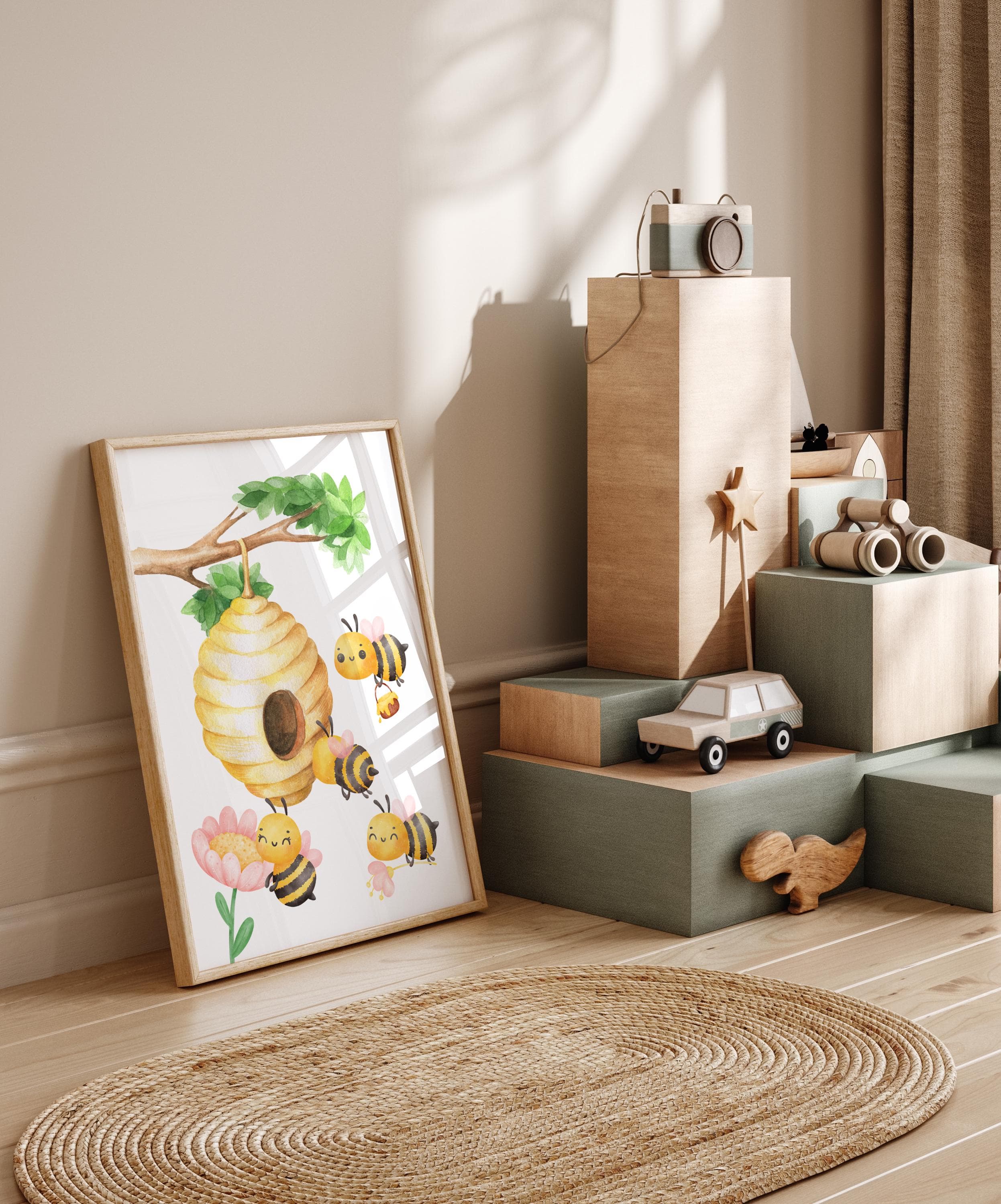 Nature-inspired wall art for children's room with bees