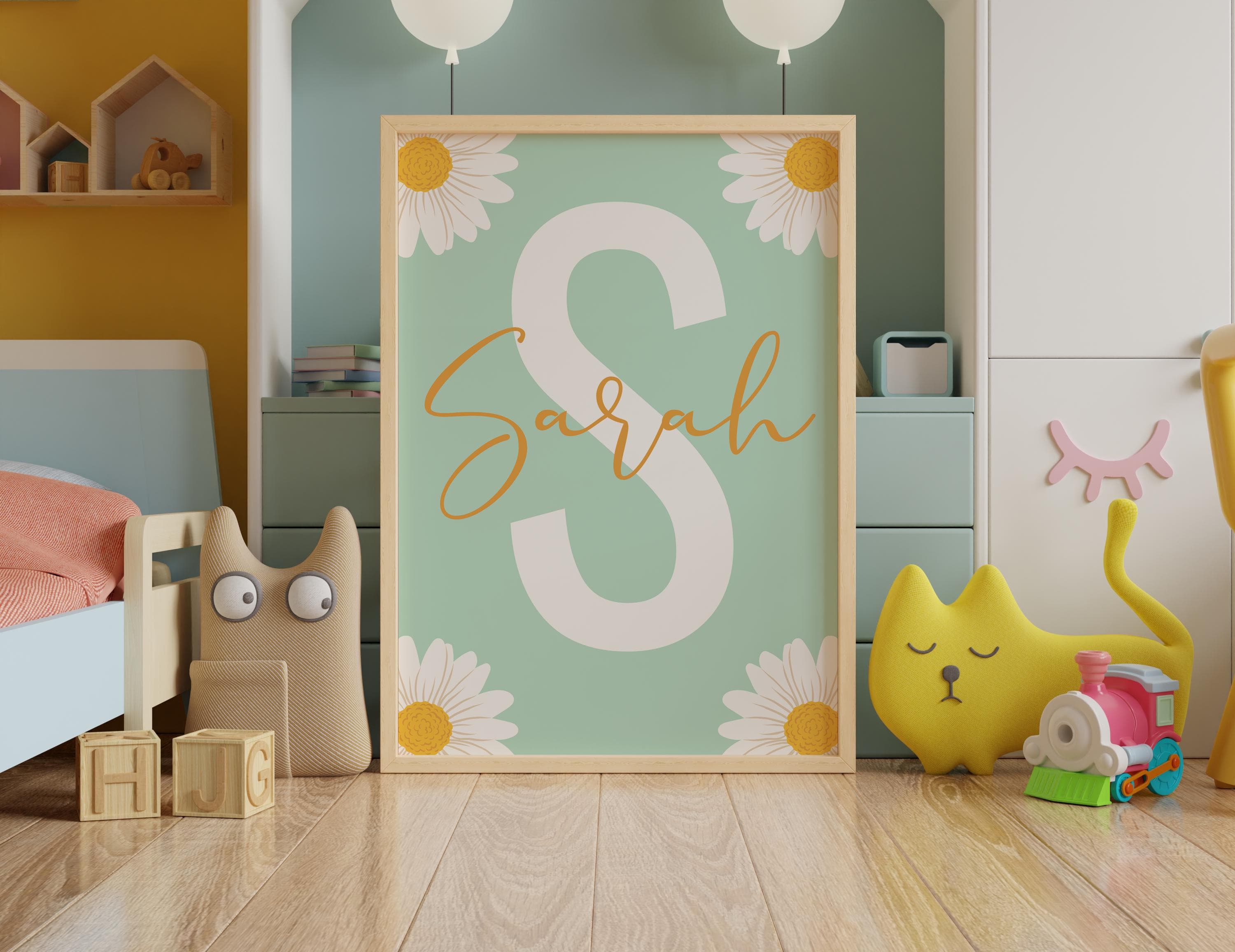 Green and white daisy wall art perfect for kids' spaces.