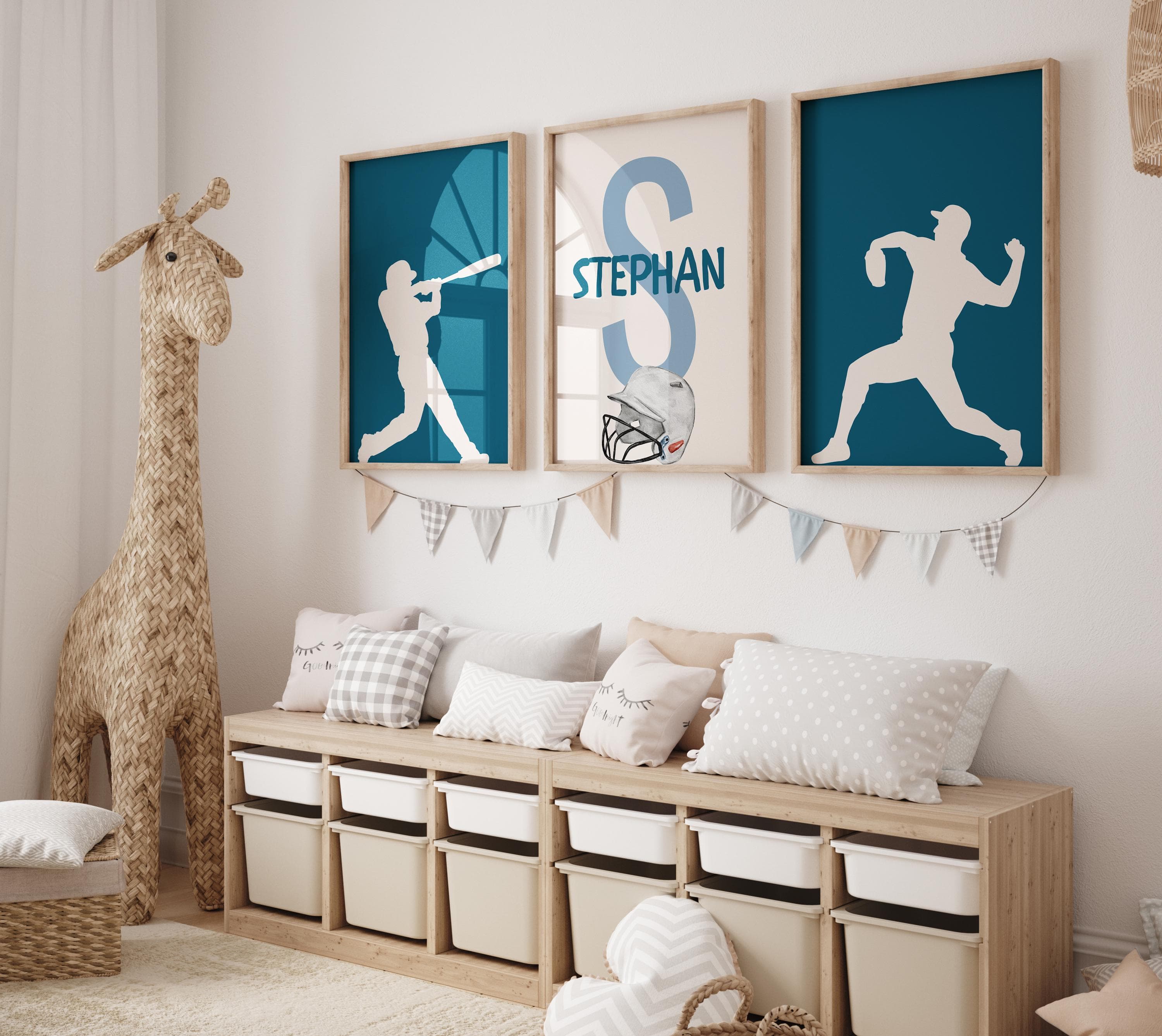 Personalized Baseball Wall Art • Sports Nursery Prints • 3 Piece Boy Room Decor • Custom Name Baseball Printable Set