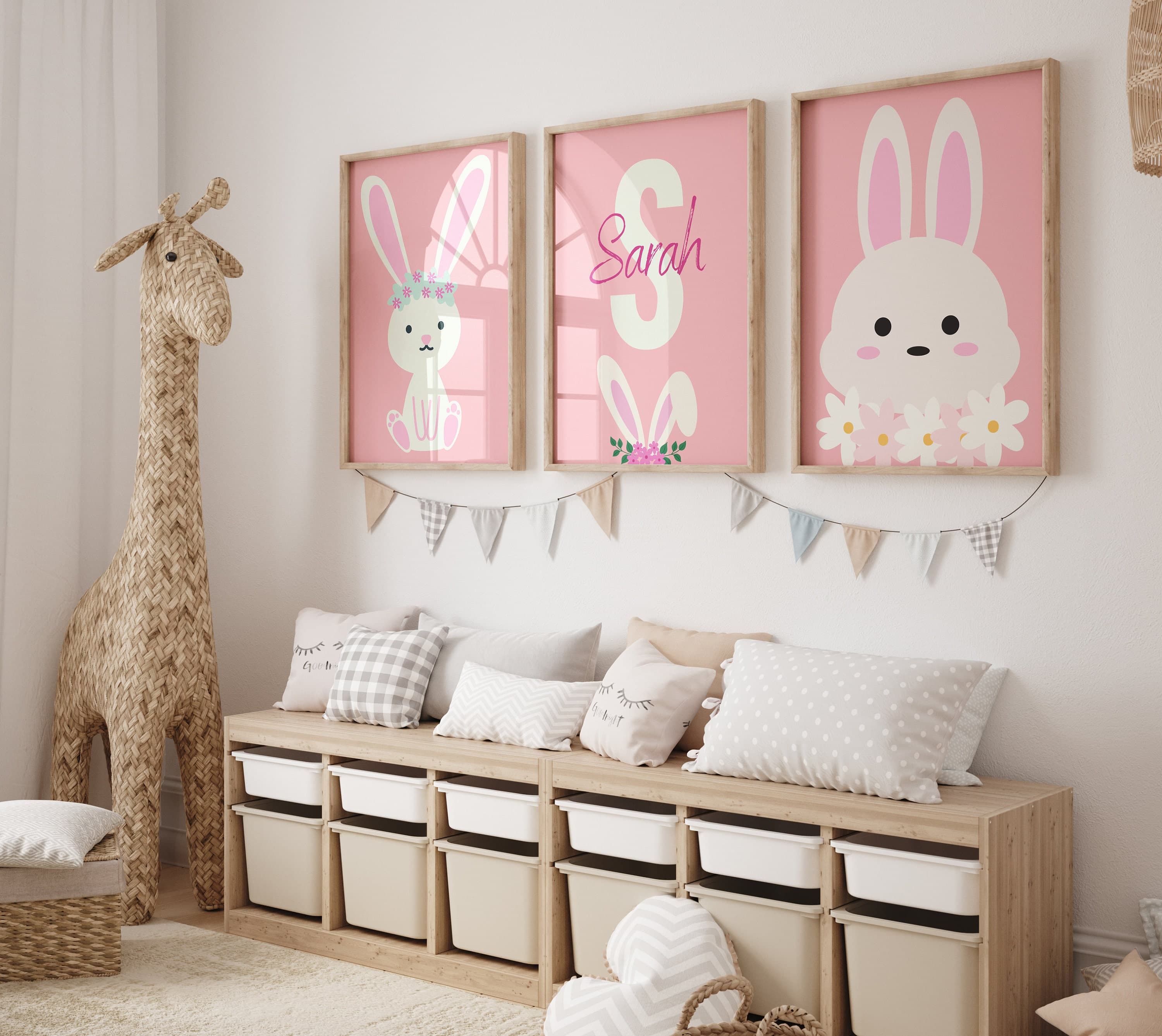 Enchanting Pink Rabbit Digital Print: Personalized Whimsical Wall Art for Girls' Room Decor and Nursery