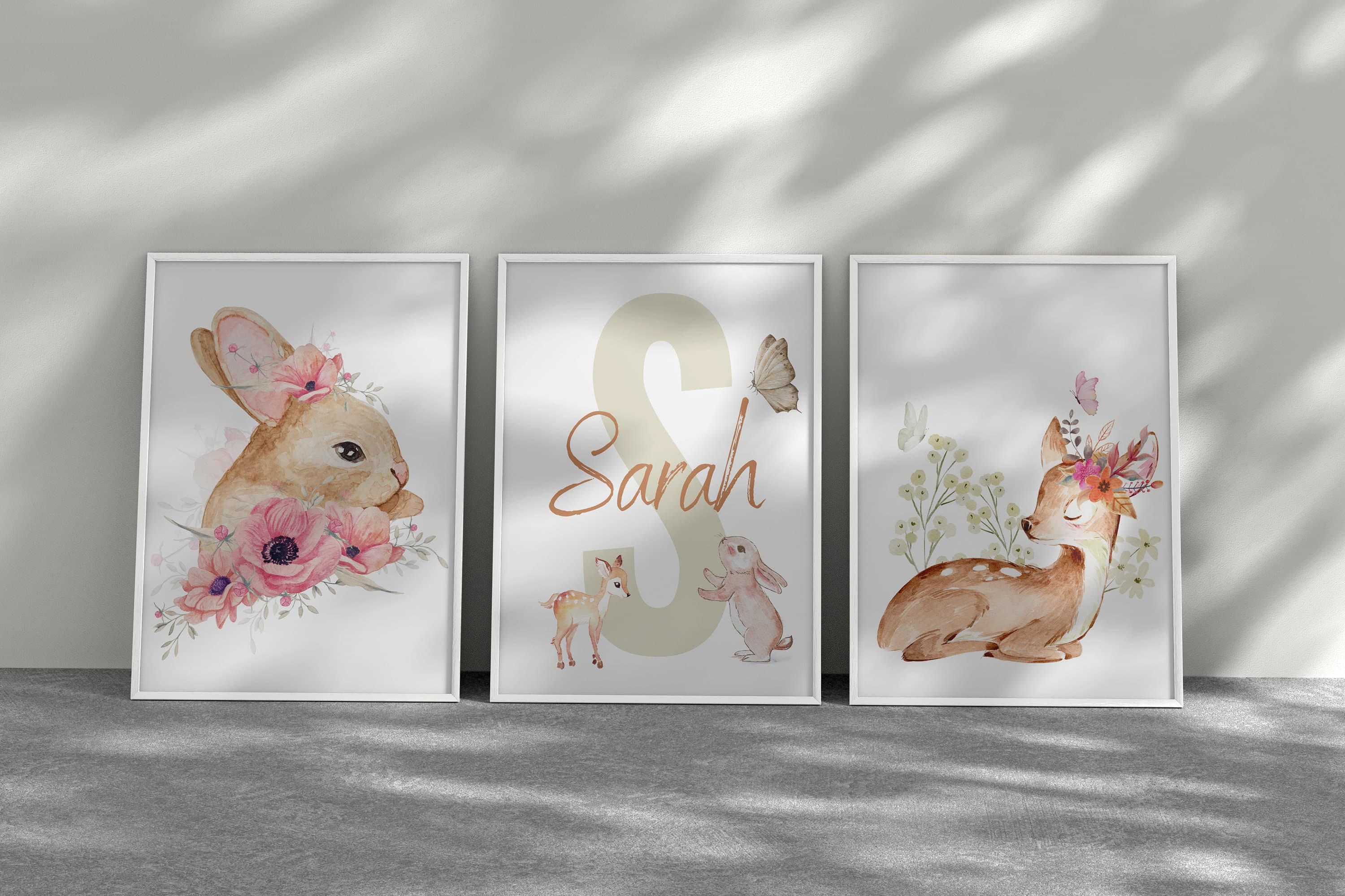 Personalized Blush Safari Animal Nursery Art / Set of 3 Safari Nursery Prints / Printable / Pink Flower Nursery Decor / Baby Girl Nursery - image 3