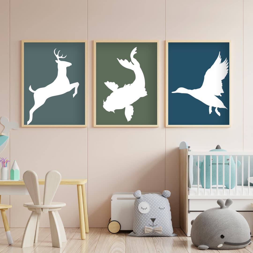 Set of 3 Hunting Nursery Decor, Buck Nursery,Duck Nursery Wall art,Fishing kids Room Art,Outdoor Nursery, Boy Nursery Wall Art, Gift BabyBoy