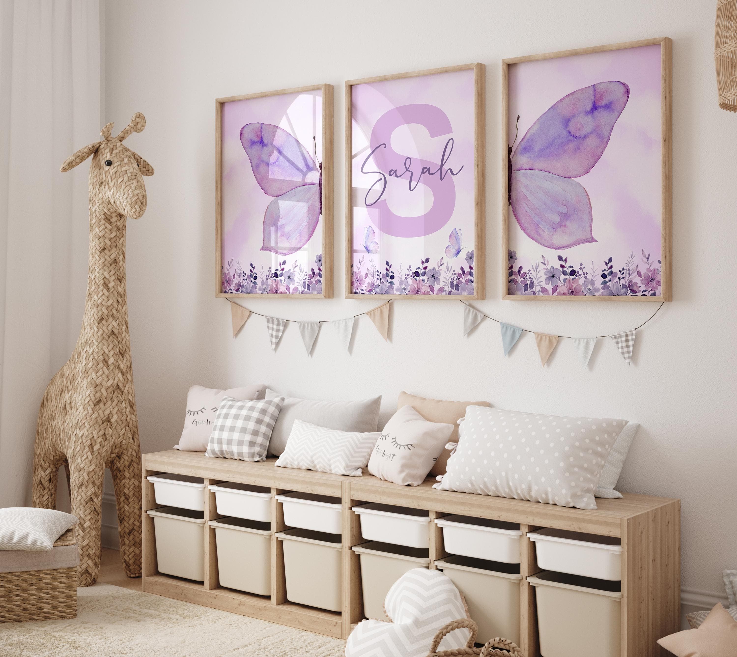 Purple Butterfly and Floral Wall Art for Girls Room - Modern Nursery Decor with Customizable Digital Design, Perfect for Kids' Spaces