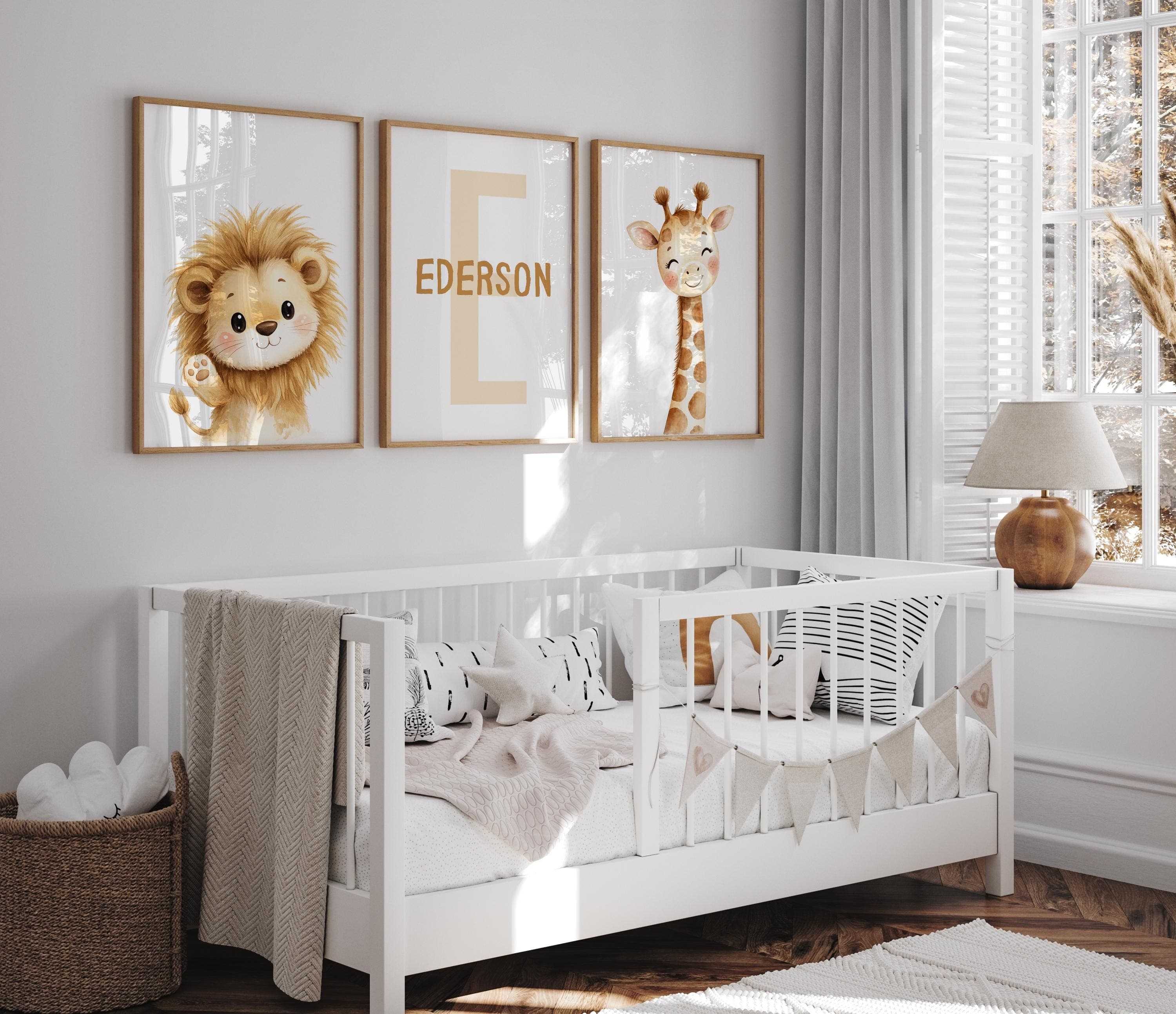Neutral baby nursery decor printable with cute lion and giraffe illustration