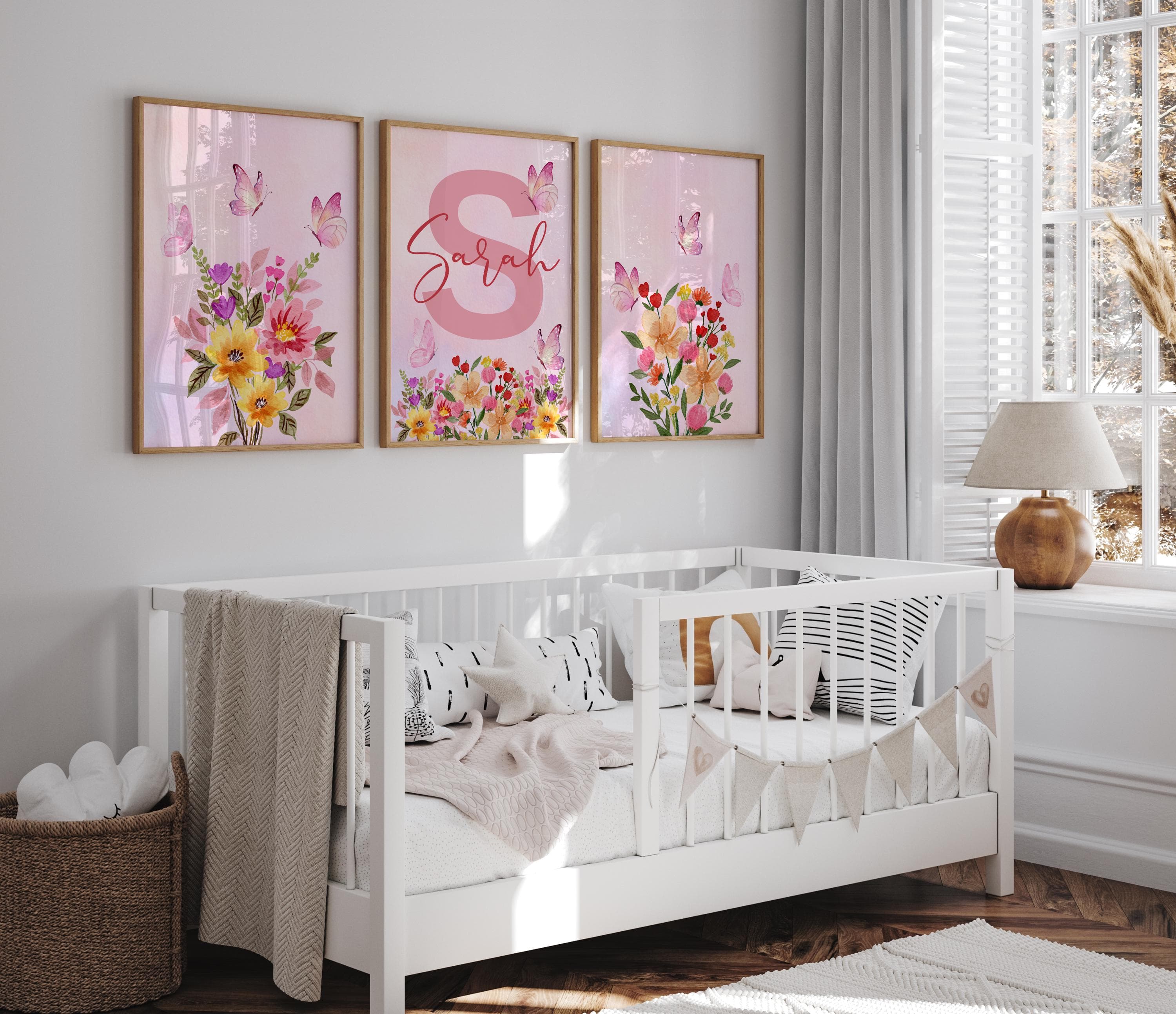 Pink Watercolor Flowers and Butterflies Wall Art - Personalized Girls Room Decor, Custom Name Nursery Print, Digital Download