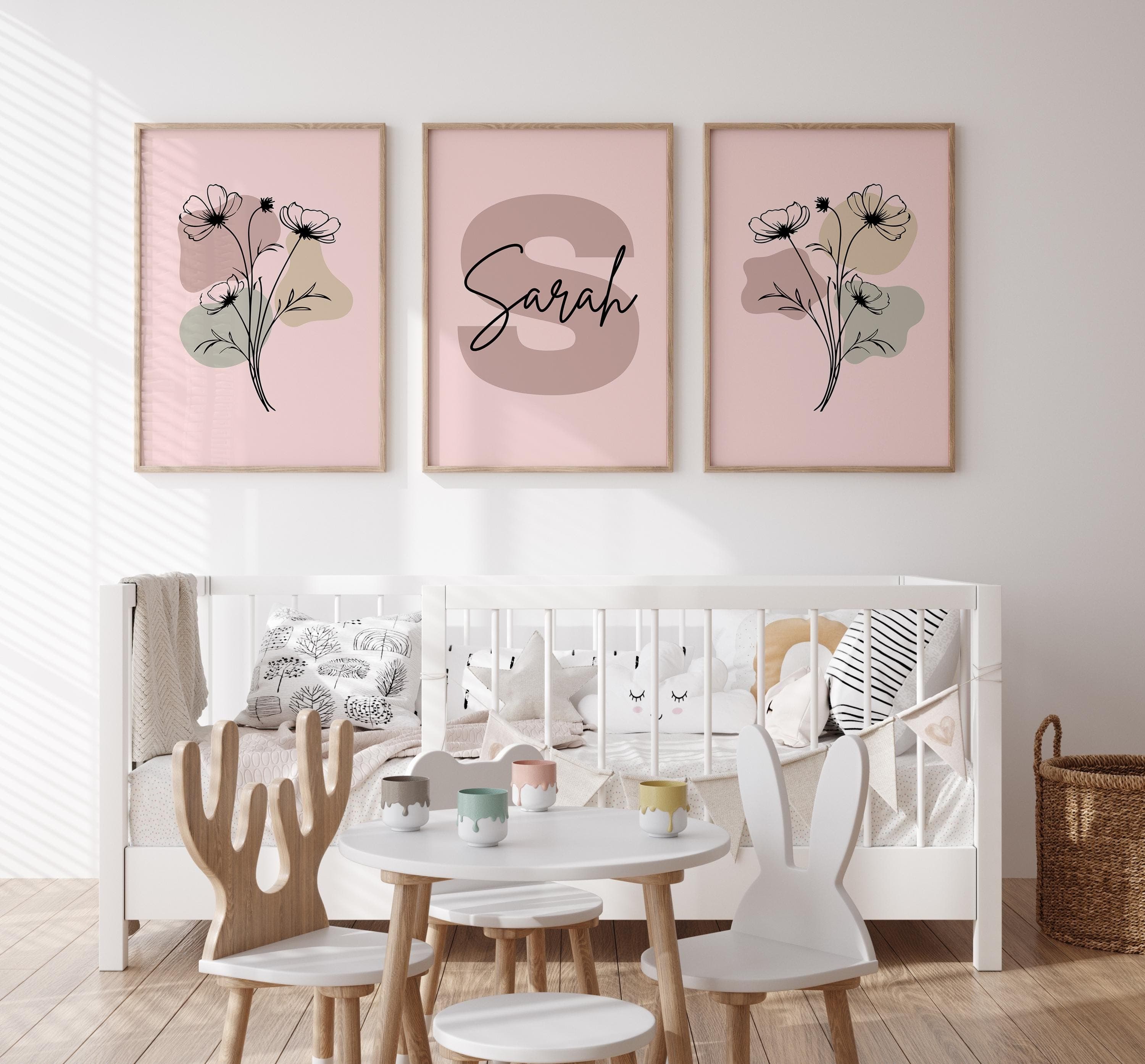 Personalized pink flower nursery decor for girls.
