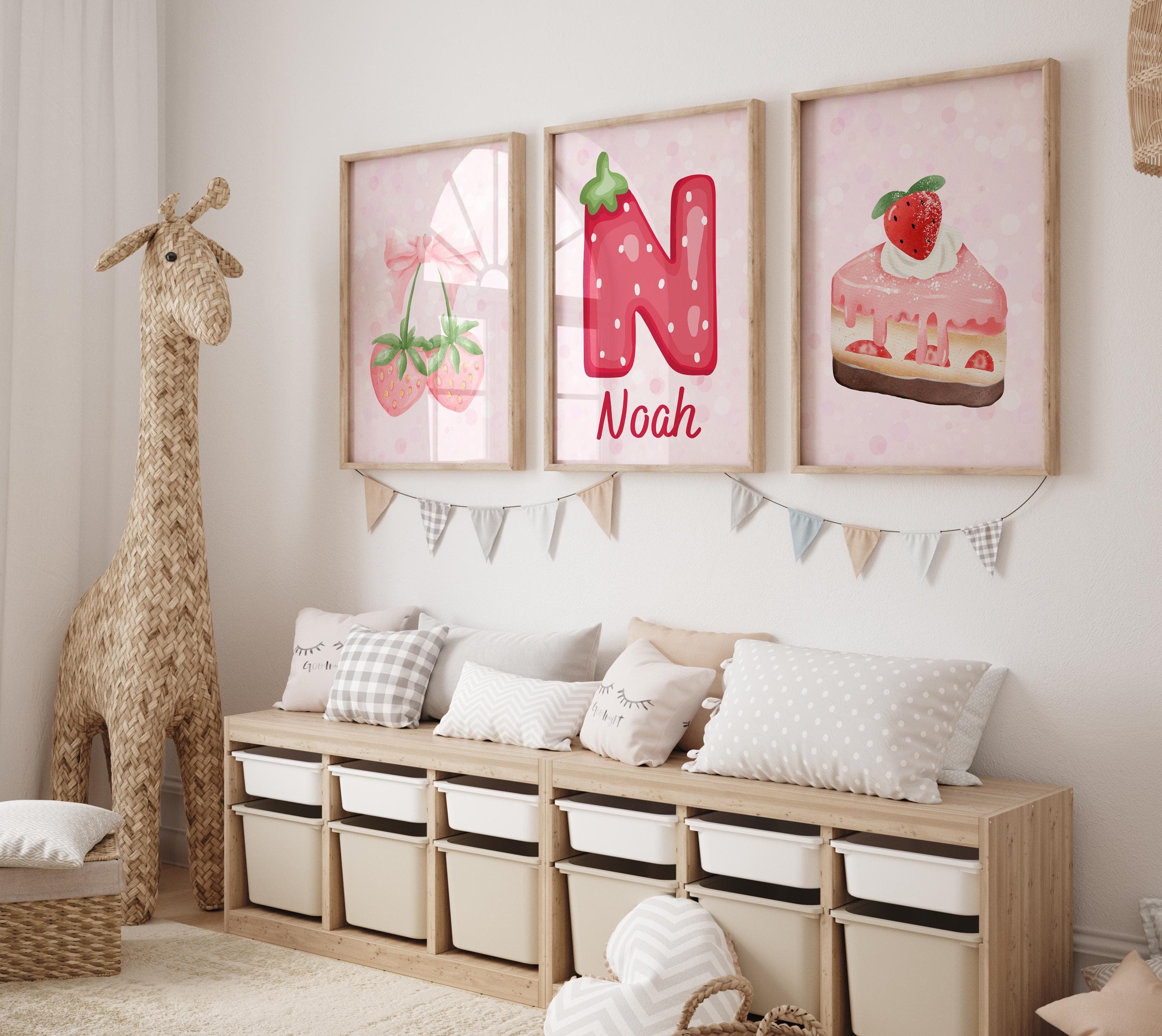 Personalized Strawberry Cake Pink Wall Art Set for Girls' Room – 3-Piece Digital Download | Cute & Fun Decor for Kids' Rooms - Strawberry